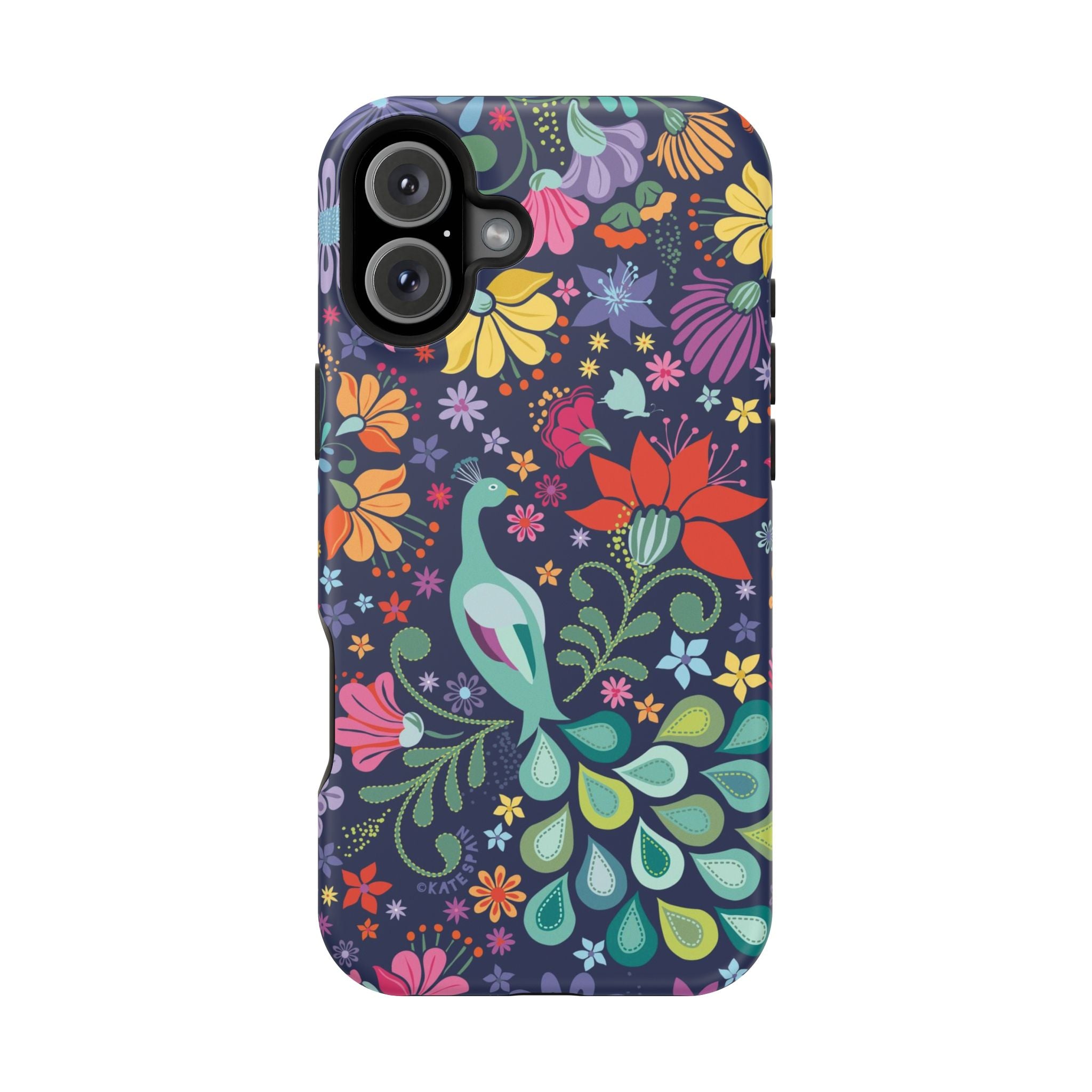 Peacock Sanctuary MagSafe iPhone 16 Plus Case – Matte | navy, teal, ivory peacock botanical print MagSafe compatible, dual-layer protection