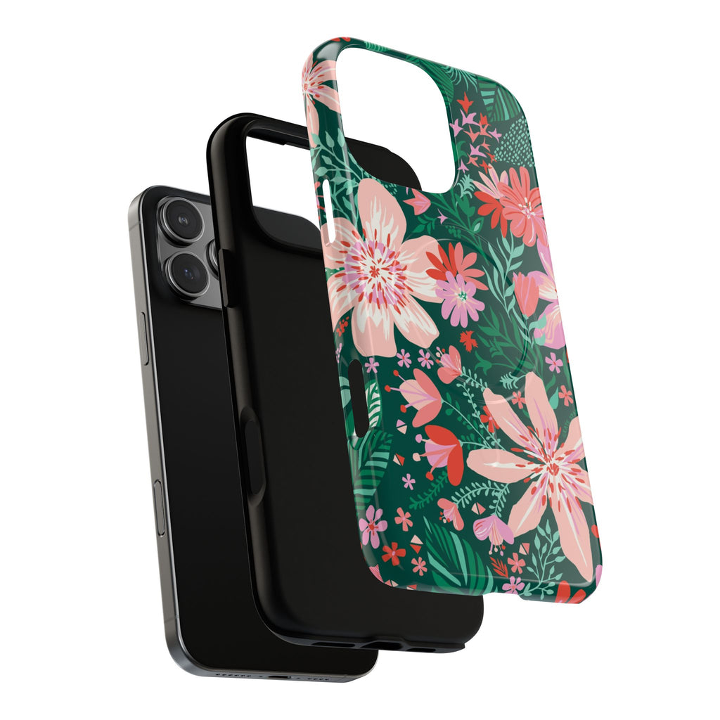Bonaire MagSafe iPhone 16 Pro Max Case – Dual-layered view of case and inner lining in front of phone, with view of camera cutout and buttons | jade, pink, white tropical floral botanical print