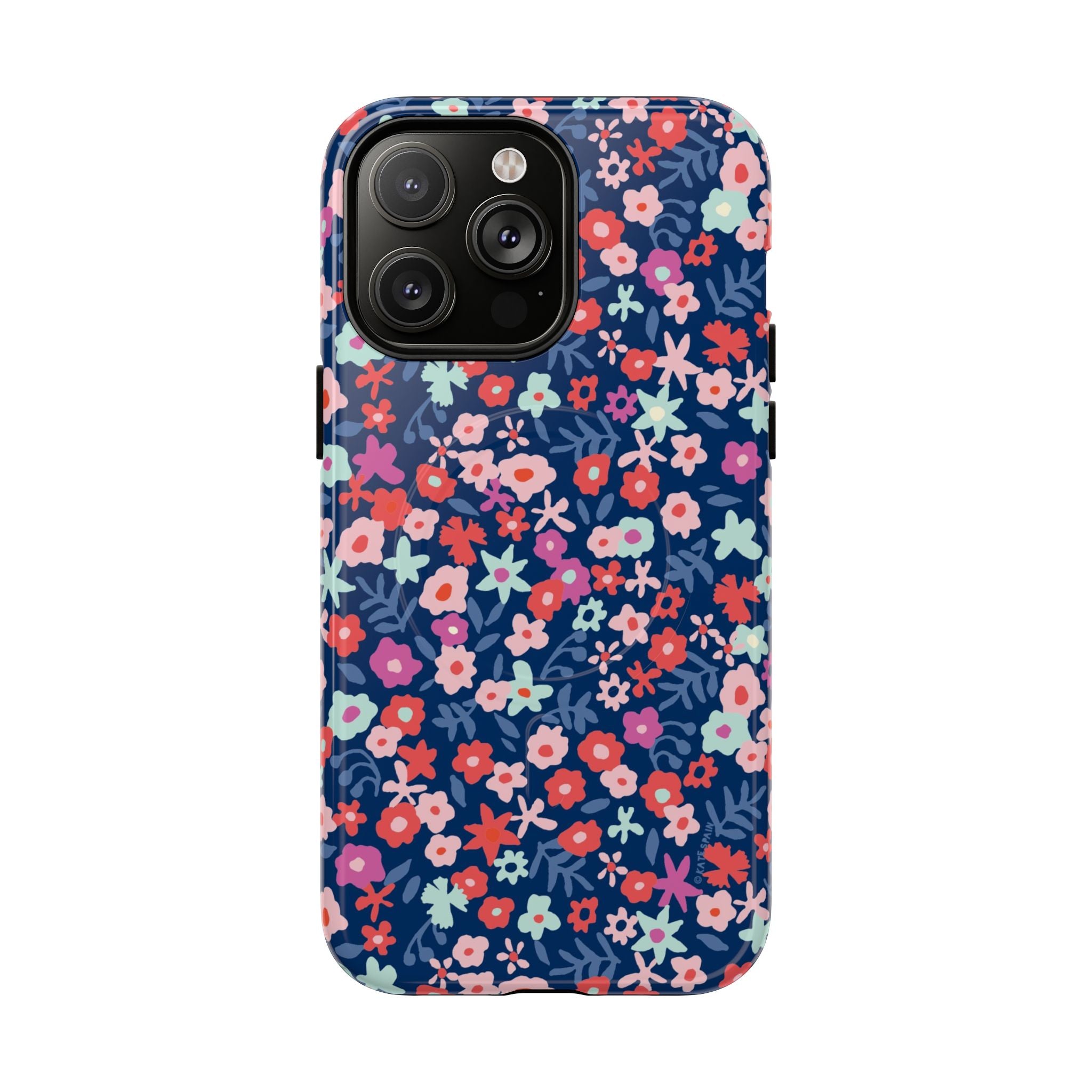 Primrose MagSafe iPhone 14 Pro Max Case – Glossy | navy, pink, white ditsy floral print
