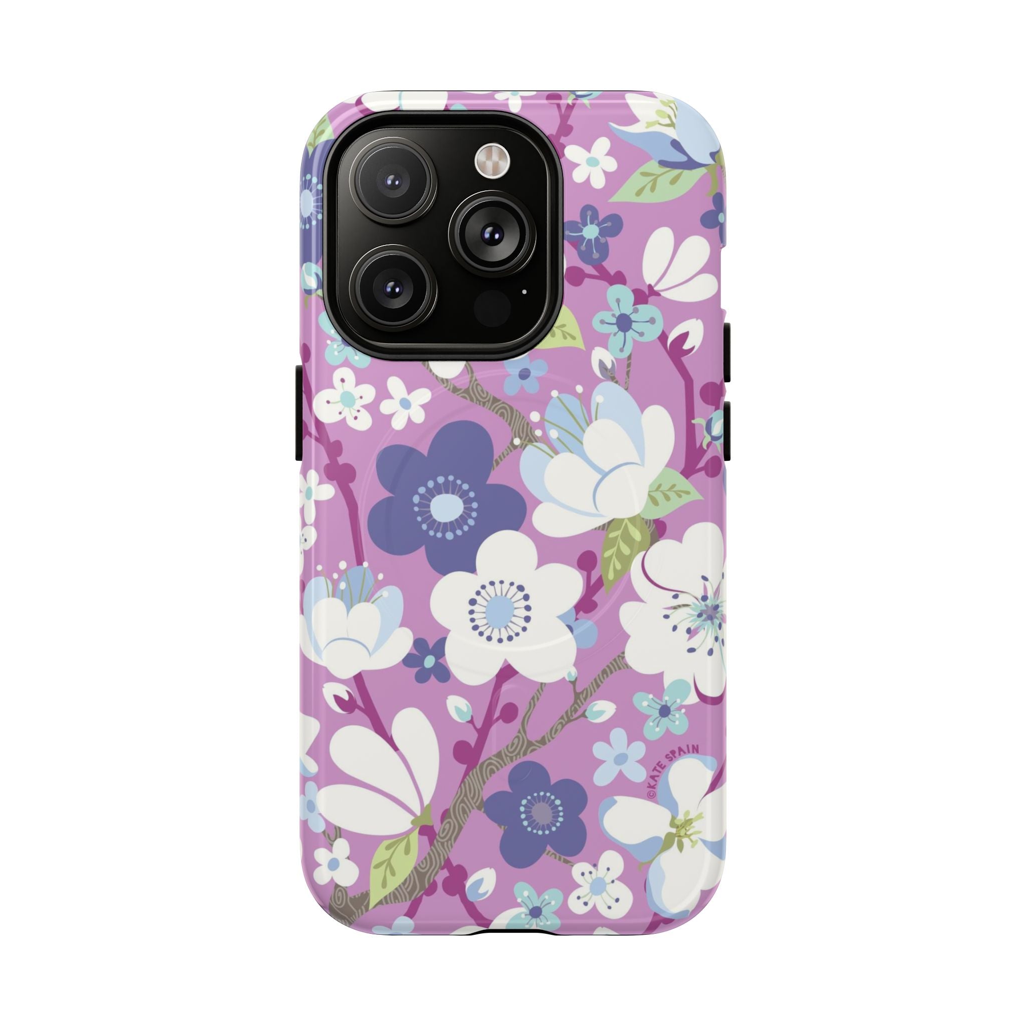 Purple Cherry Blossom MagSafe iPhone 14 Pro Case – Glossy | mauve, purple, blue, white cherry blossom print
