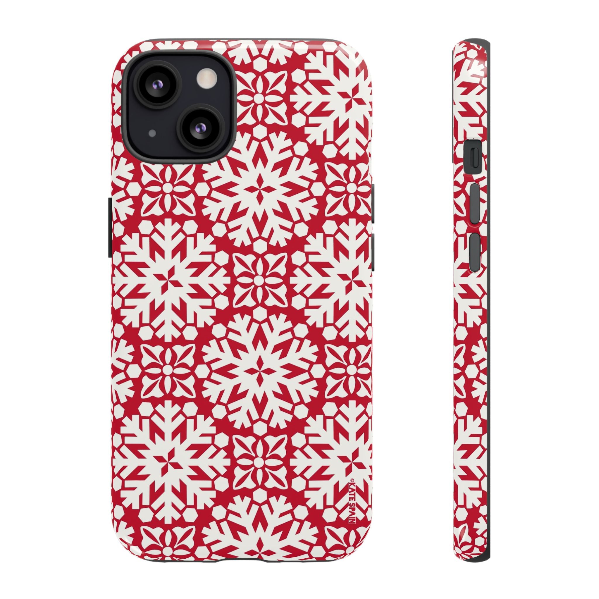 Flurry Tough iPhone 13 Case – Matte | red, cream geometric snowflake medallion print
