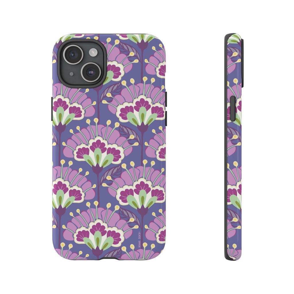 Lantern Flower Tough iPhone 15 Plus Case – Glossy | periwinkle, purple, mauve, sage botanical lantern floral print