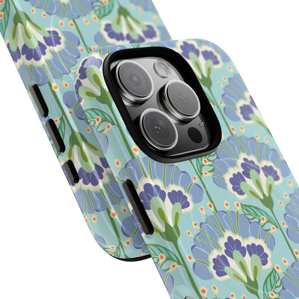 Lantern Flower MagSafe iPhone 16 Pro Max Case – Glossy | aqua, periwinkle, green botanical lantern floral print | angled view closeup of camera cutout and buttons