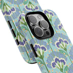 Lantern Flower MagSafe iPhone 16 Pro Max Case – Glossy | aqua, periwinkle, green botanical lantern floral print | angled view closeup of camera cutout and buttons