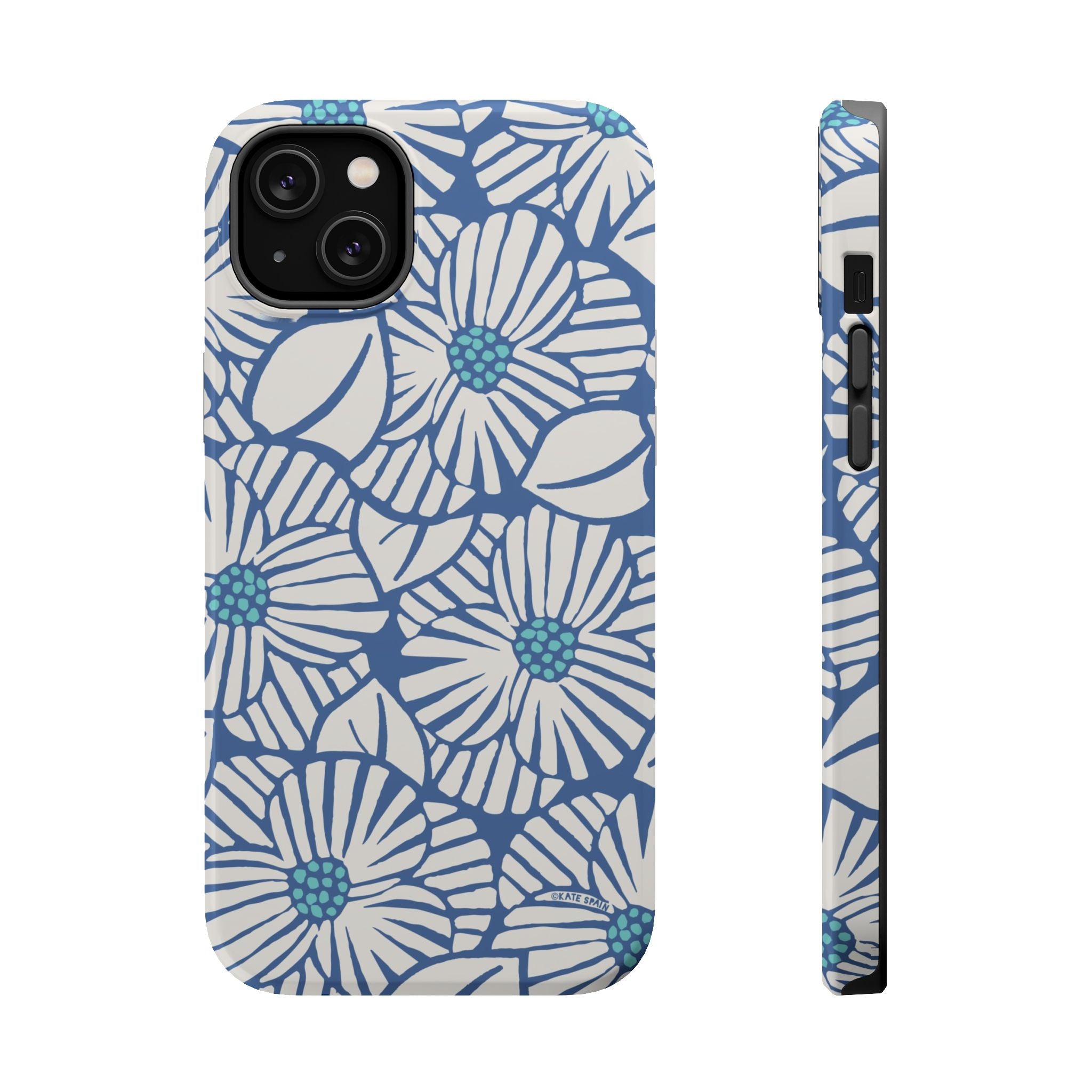 Calendula MagSafe iPhone 14 Plus Case – Matte | slate blue, cream, teal kimono botanical print