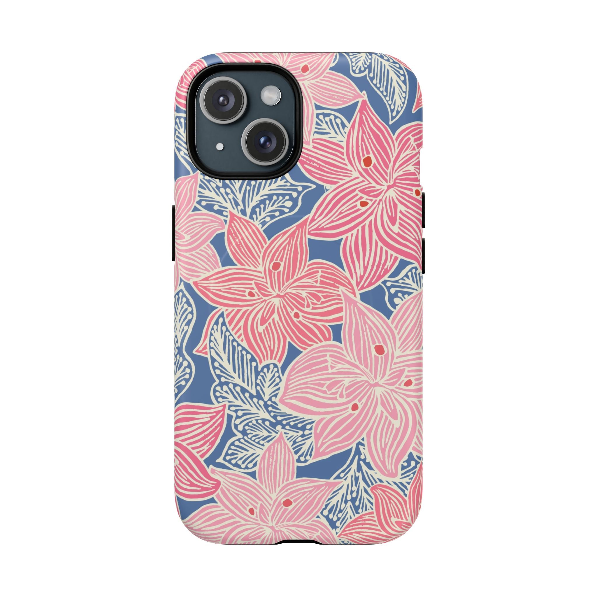 Hibiscus Lagoon MagSafe iPhone 15 Case – Glossy | coral, blush, cream, dusty blue hibiscus botanical print