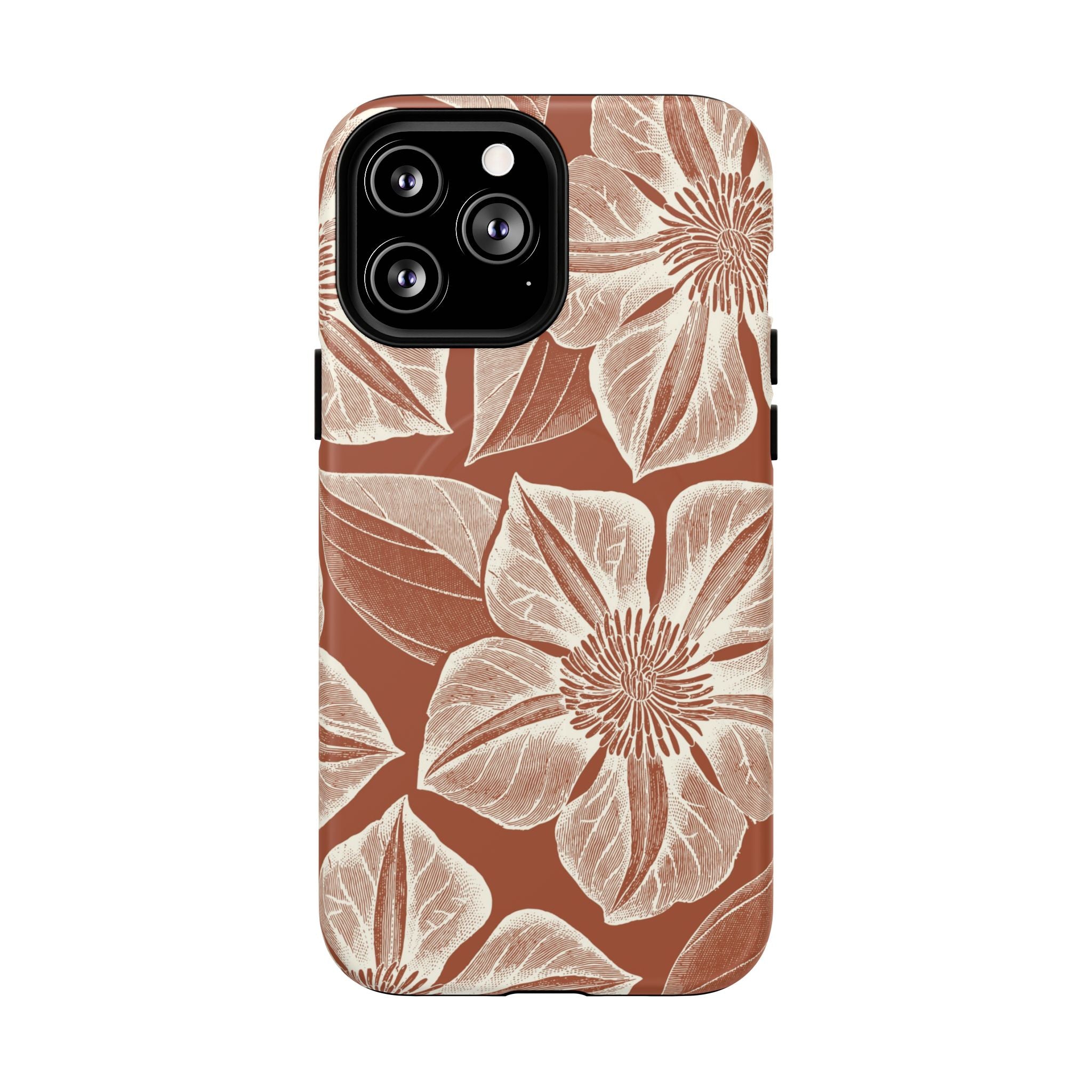 Vintage Bloom Sienna MagSafe iPhone 13 Pro Max – Matte | sienna ground, large-scale cream clematis print, engraved petal detail, dual-layer protection