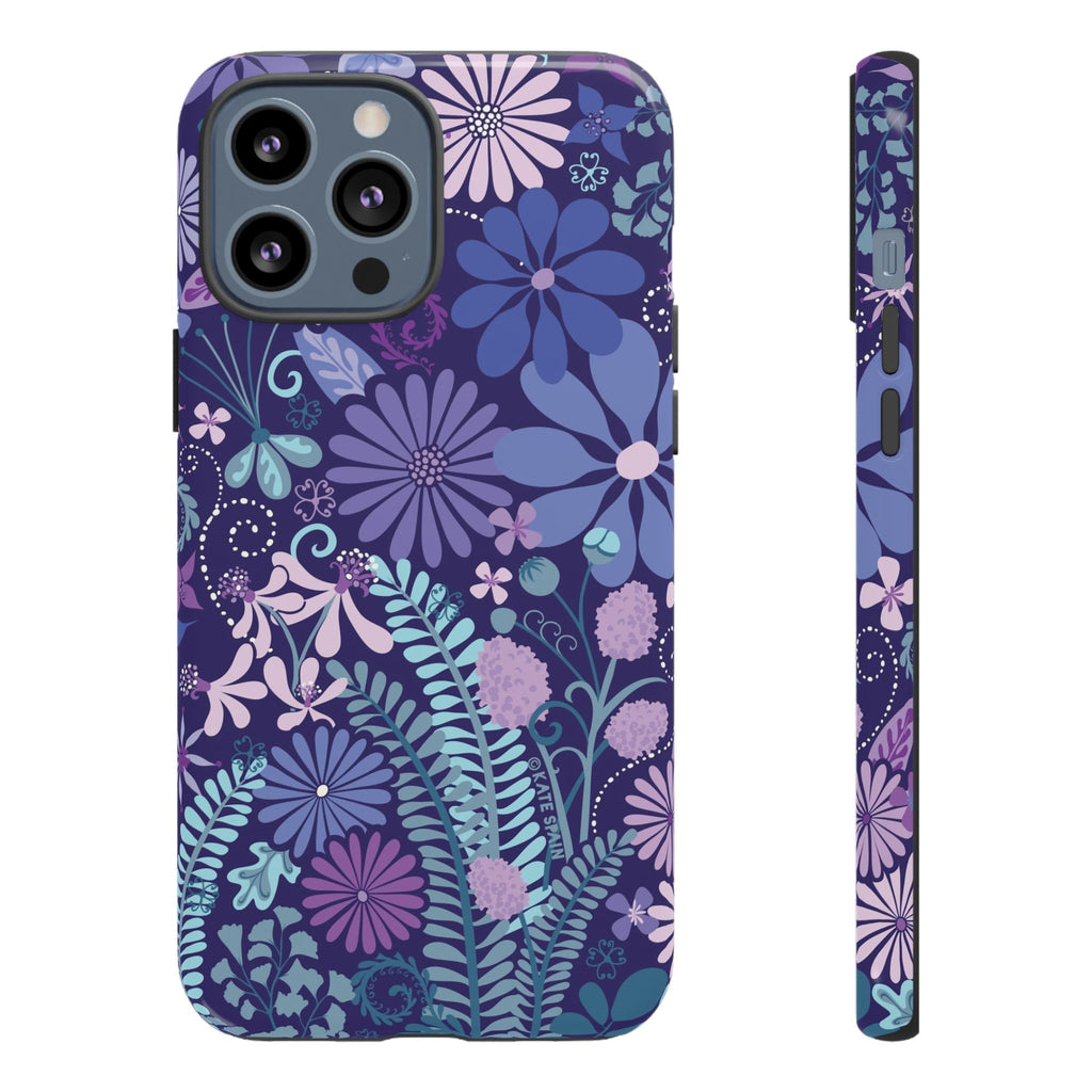 Terrain Night Tough iPhone 13 Pro Max Case – Glossy | navy, purple, aqua botanical woodland floral print