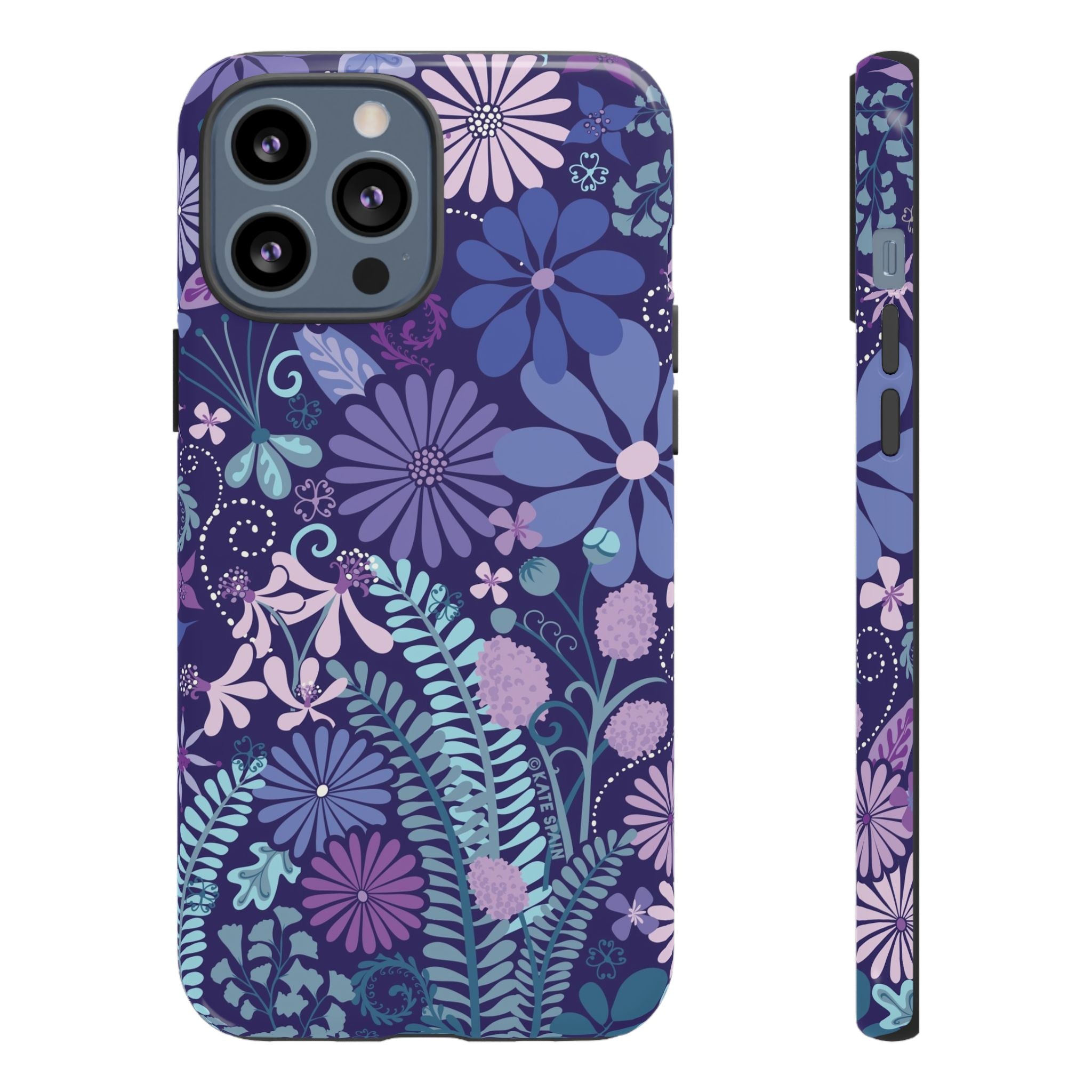 Luxury Terrain Tough iPhone 13 Pro Max Case – Glossy | navy, purple, aqua botanical woodland floral print