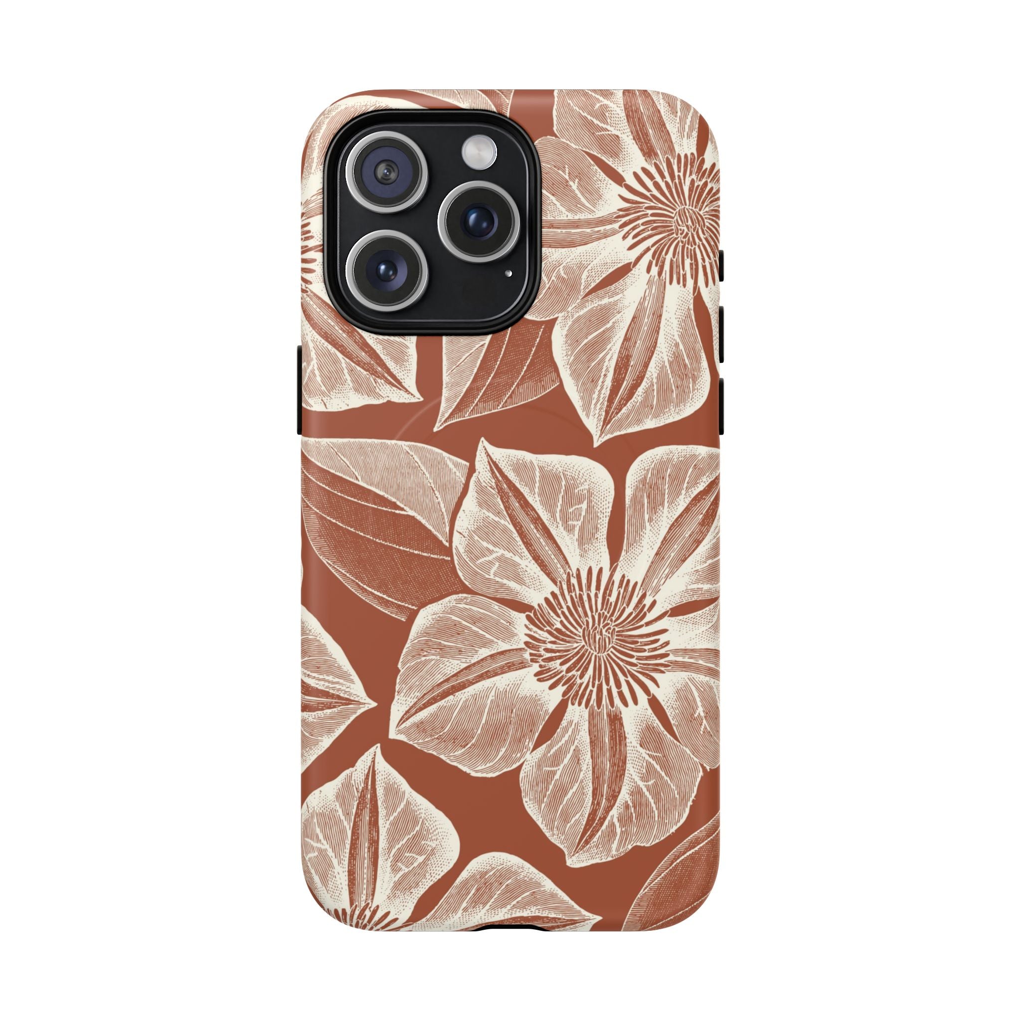 Vintage Bloom Sienna MagSafe iPhone 15 Pro Max – Matte | sienna ground, large-scale cream clematis print, engraved petal detail, dual-layer protection
