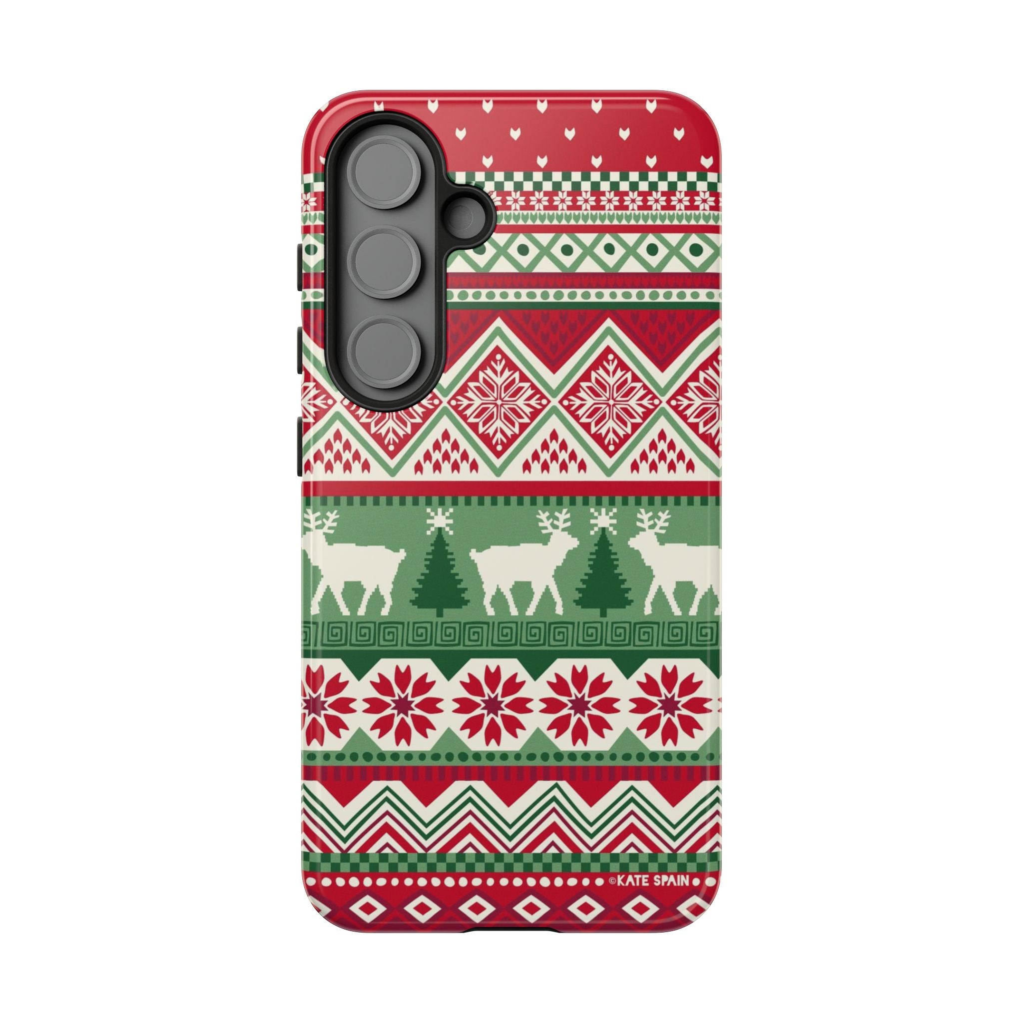 Luxury Telemark Samsung Galaxy S25 Case – Glossy | red, green, cream Nordic fair isle reindeer print