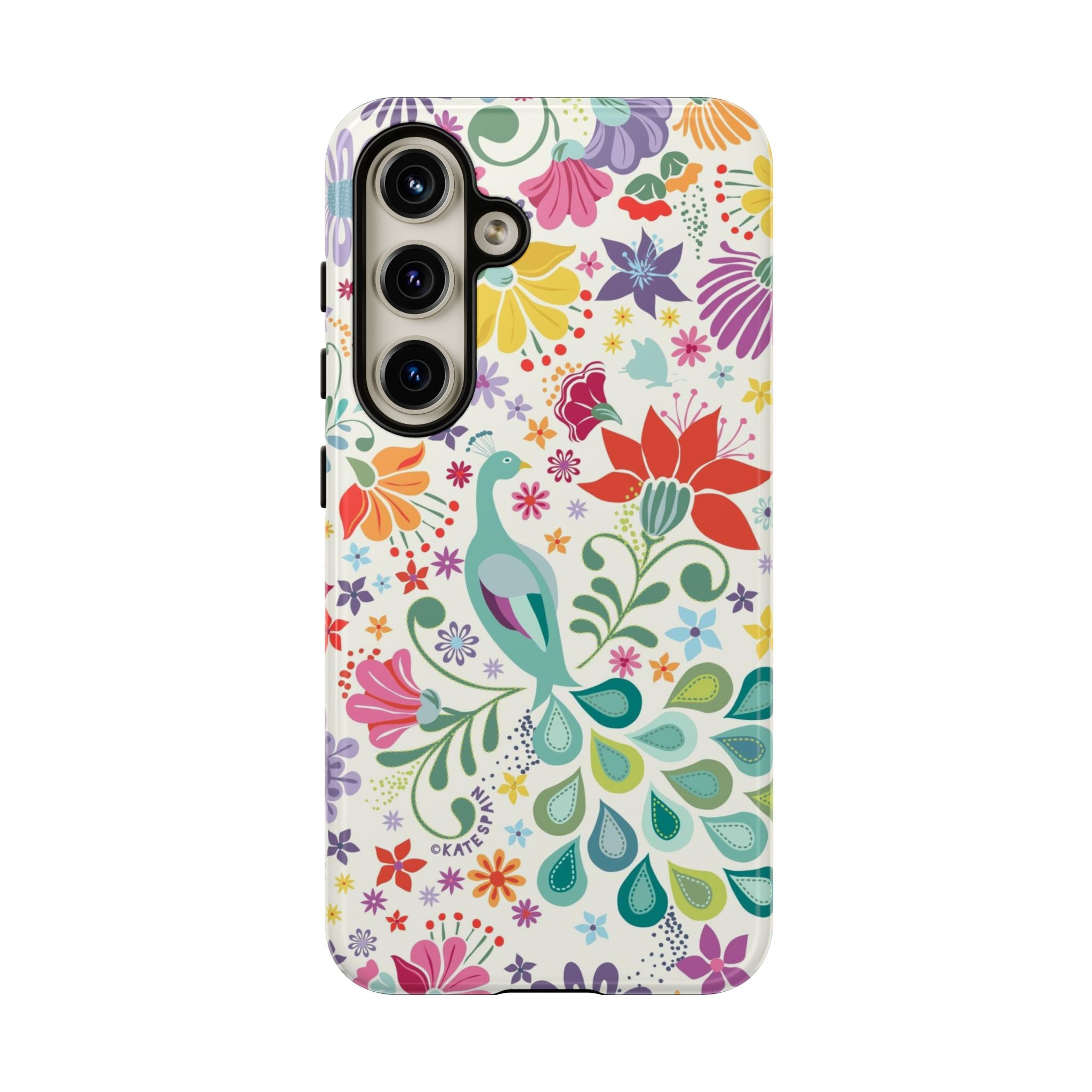 Luxury Peacock Sanctuary Samsung Galaxy S24 Case – Glossy | white, teal, coral multicolor vibrant peacock feather botanical print