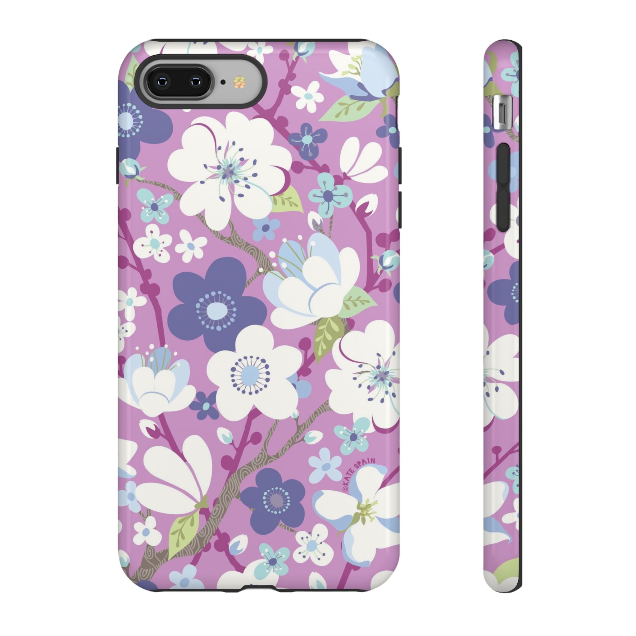 Luxury Cherry Blossom Tough iPhone 8 Plus Case – Glossy | mauve, purple, blue, white cherry blossom print