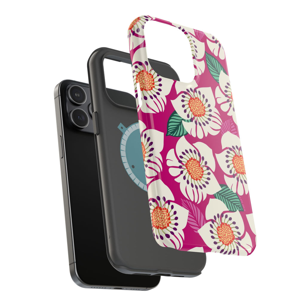 Panache Rose MagSafe iPhone 15 Pro Max Case – Glossy | berry, cream white, peach anemone floral print | angled view closeup of camera cutout and buttons
