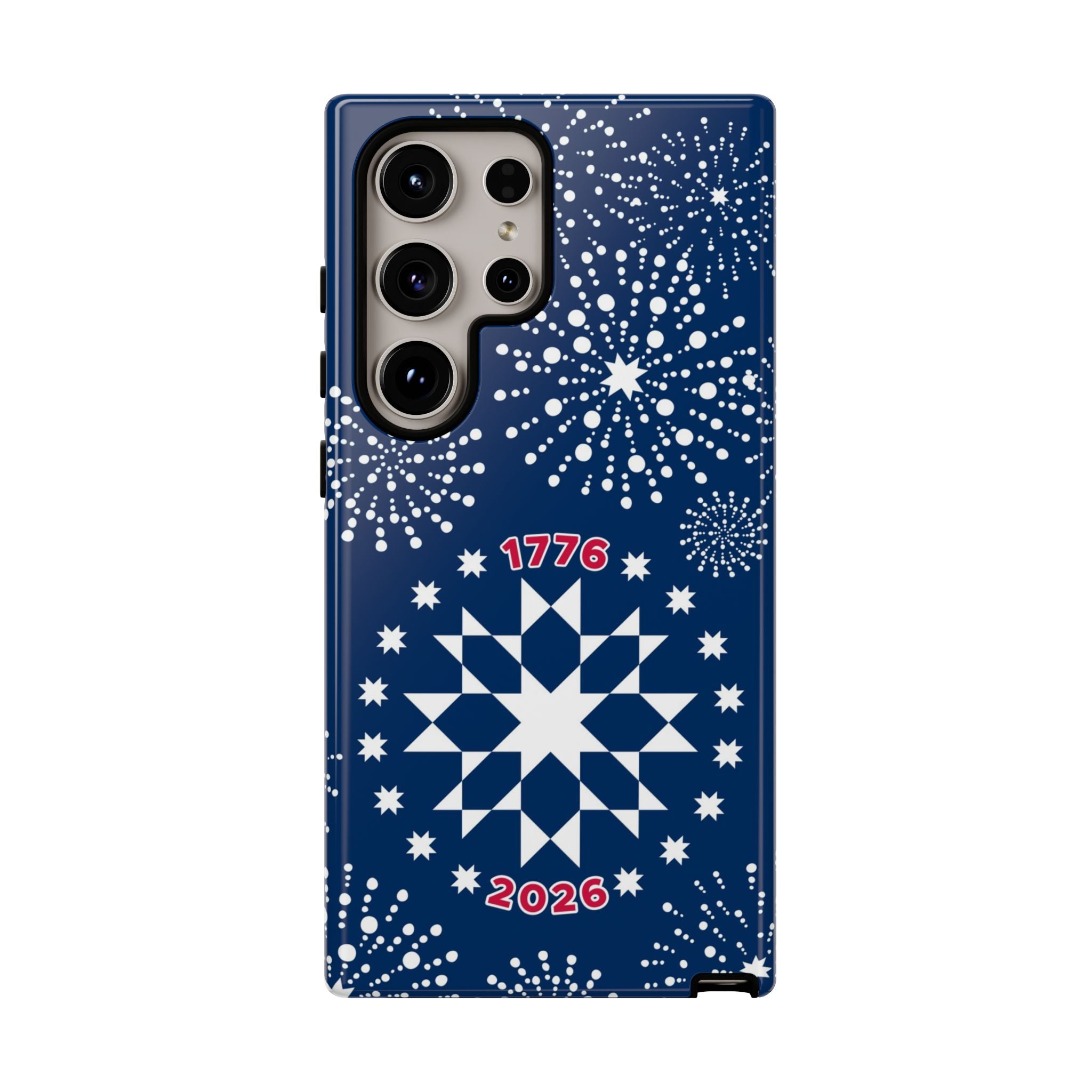 250th Fireworks Samsung Galaxy S24 Ultra Case – Glossy | navy, white patriotic star quilt fireworks print