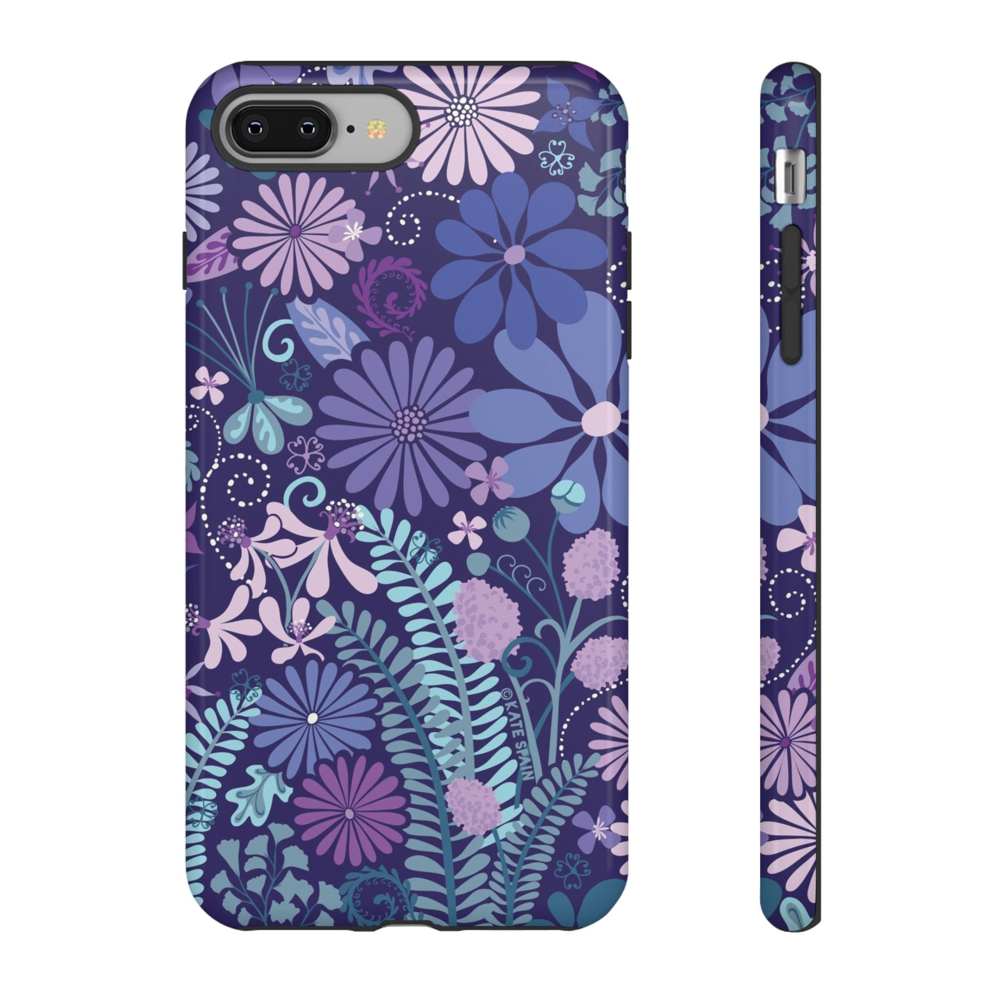 Luxury Terrain Tough iPhone 8 Plus Case – Glossy | navy, purple, aqua botanical woodland floral print