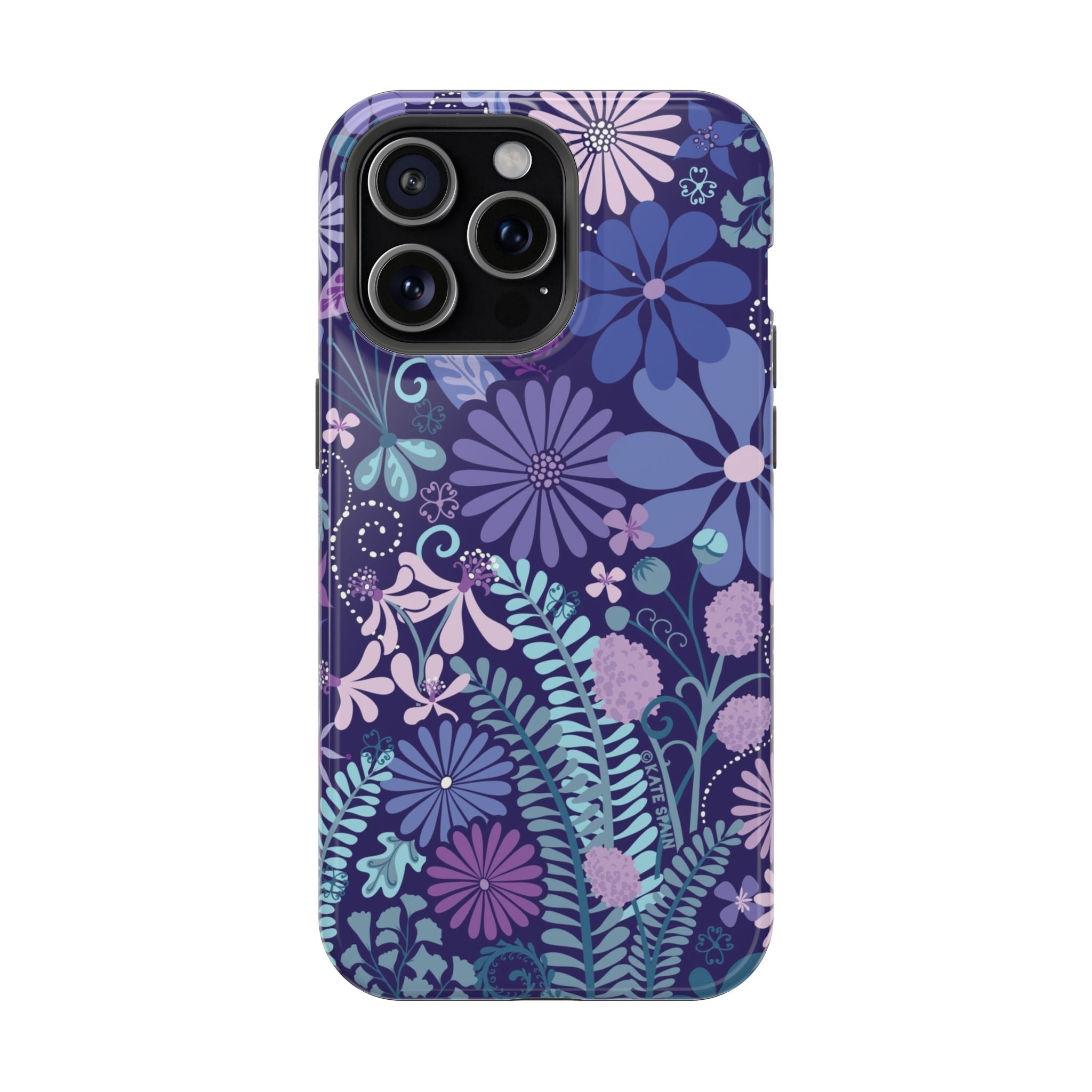 Luxury Terrain MagSafe iPhone 15 Pro Max Case – Glossy | navy, purple, aqua botanical woodland floral print