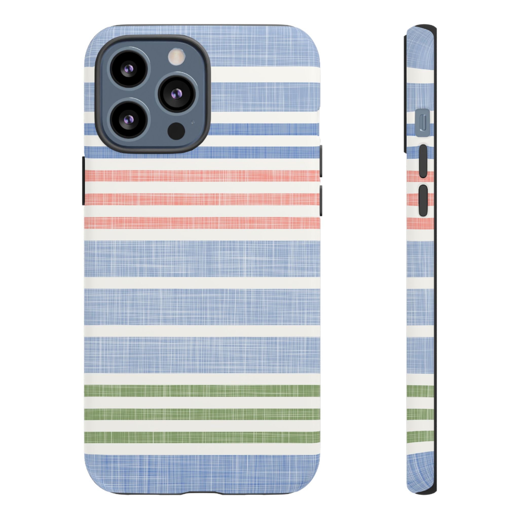 Cabana Stripe Pastel Tough iPhone 13 Pro Max Case – Matte | soft blue, coral, sage green chambray-textured stripe print dual-layer protection