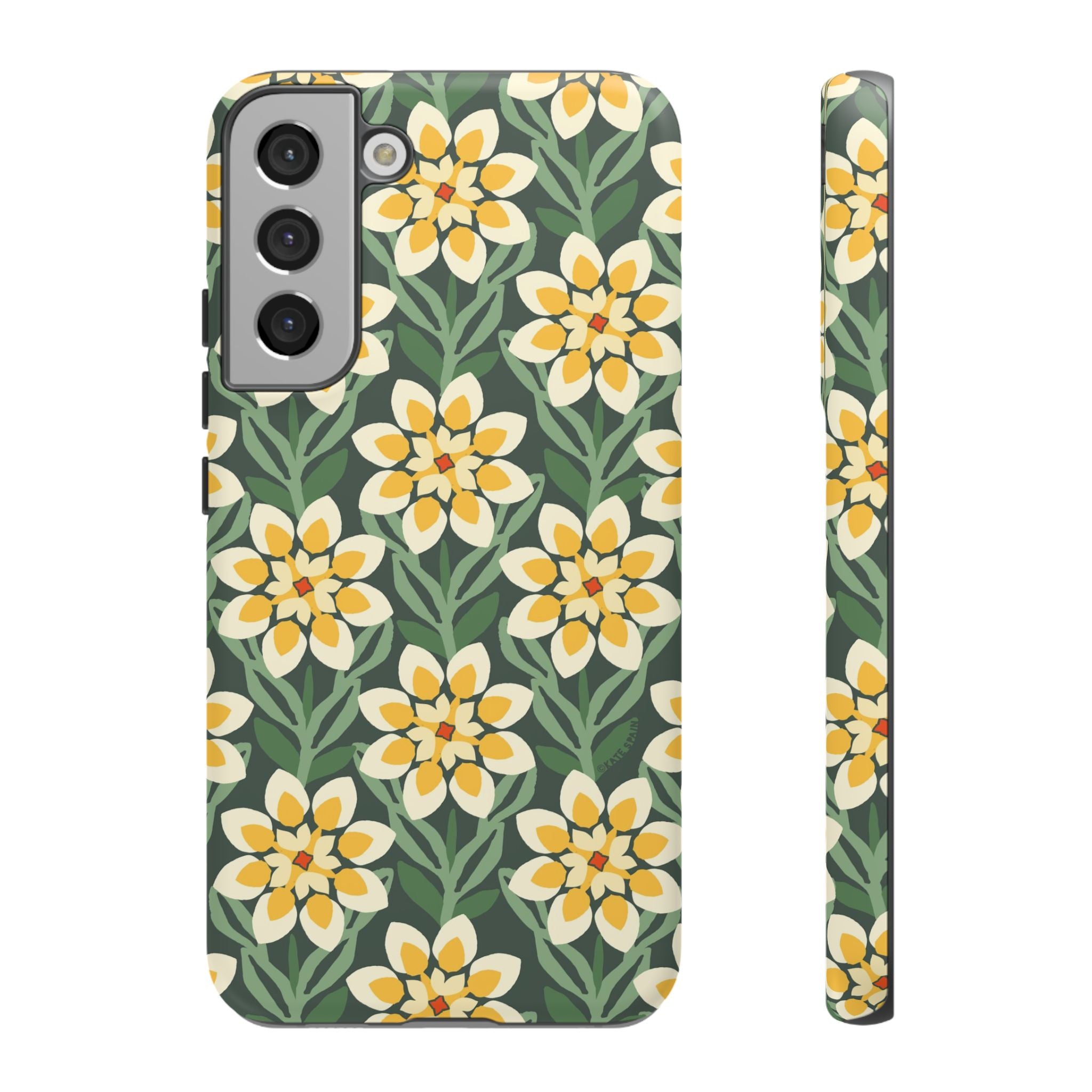 Luxury Modern Dahlia Samsung Galaxy S22 Plus Case – Matte | forest green, yellow, cream modern dahlia print