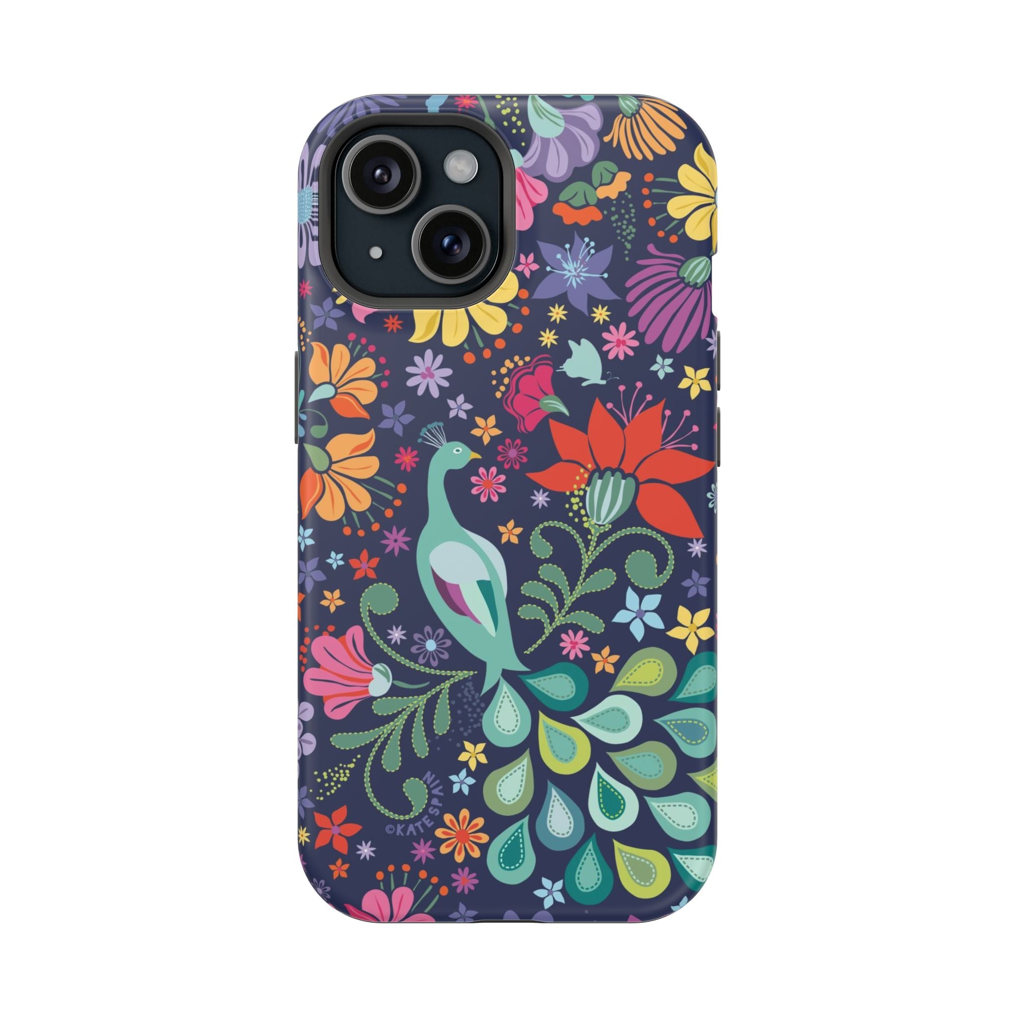 Peacock Sanctuary MagSafe iPhone 15 Case – Matte | navy, teal, ivory peacock botanical print MagSafe compatible, dual-layer protection