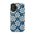 Luxury Modern Dahlia MagSafe iPhone 17 Case – Glossy | navy, slate blue, white geometric dahlia tile floral print