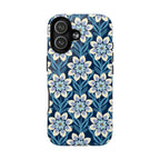 Luxury Modern Dahlia MagSafe iPhone 17 Case – Glossy | navy, slate blue, white geometric dahlia tile floral print