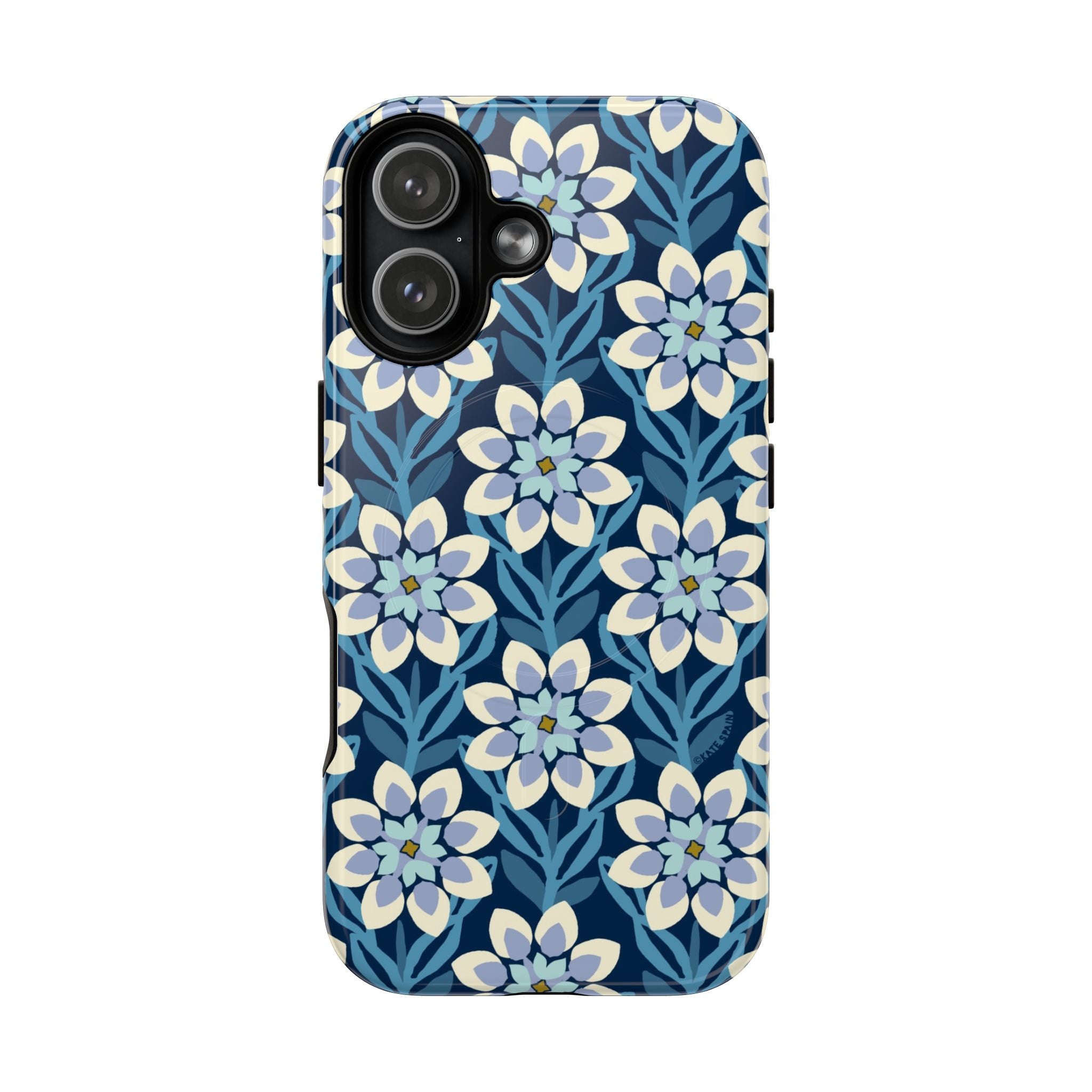 Luxury Modern Dahlia MagSafe iPhone 17 Case – Glossy | navy, slate blue, white geometric dahlia tile floral print