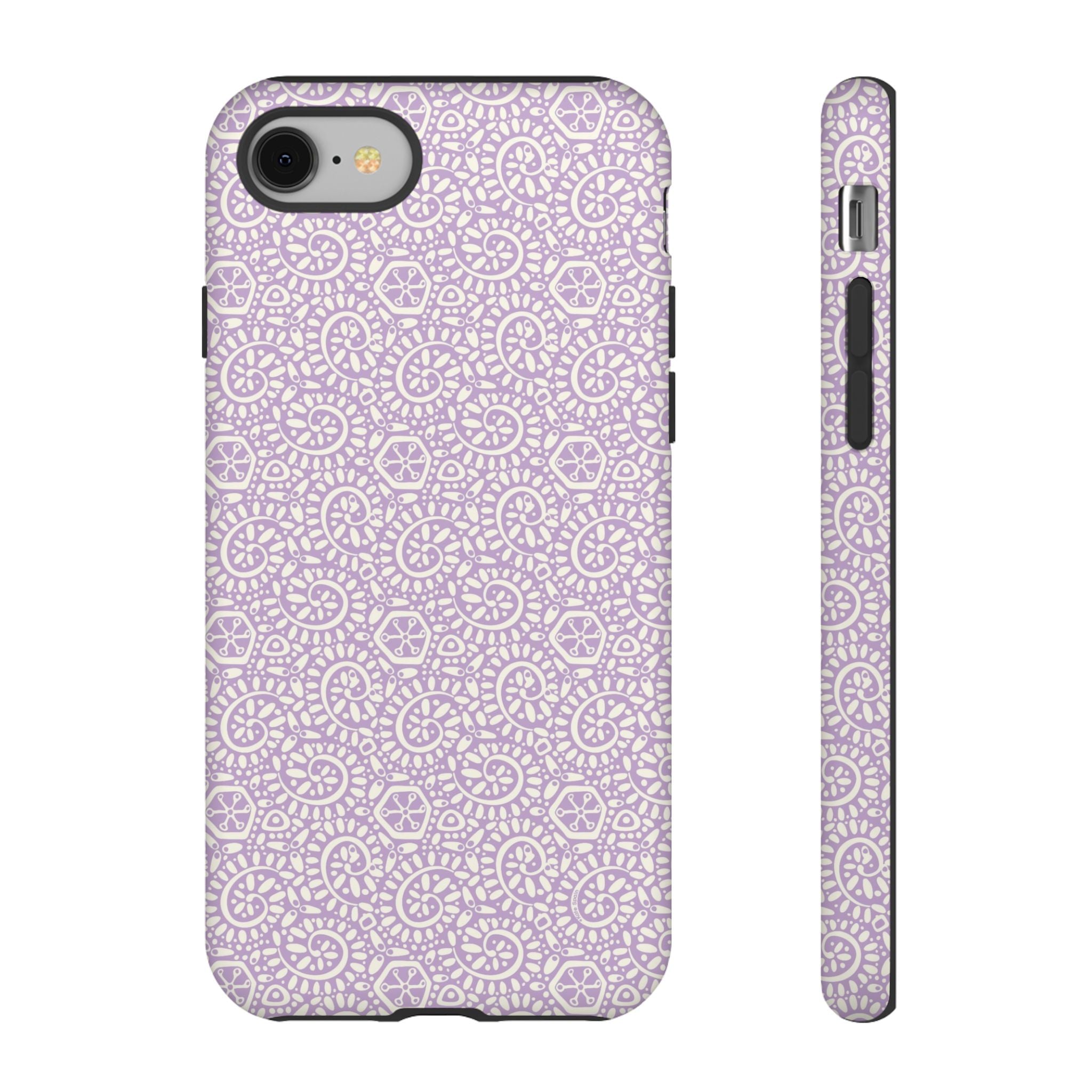 Canto Swirls Lavender iPhone 8 Matte Case — lavender hard case covered in an intricate folk-art medallion pattern of radiating circular motifs, dot clusters, and geometric centers