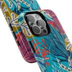 Reef MagSafe iPhone 16 Pro Max Case – Glossy | teal, coral, navy, purple botanical coral reef print | angled view closeup of camera cutout and buttons