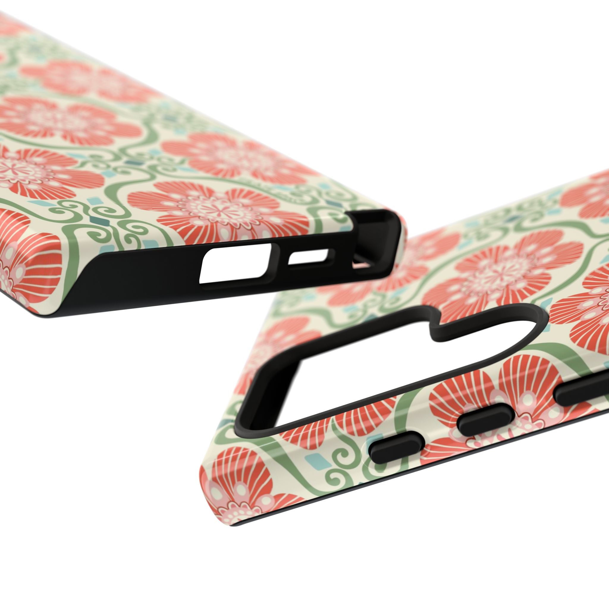Luxury Barcelona Flowers Samsung Galaxy S24 Ultra Case – Glossy | close-up of sides, buttons, and ports in case in cream, coral, sage botanical floral print