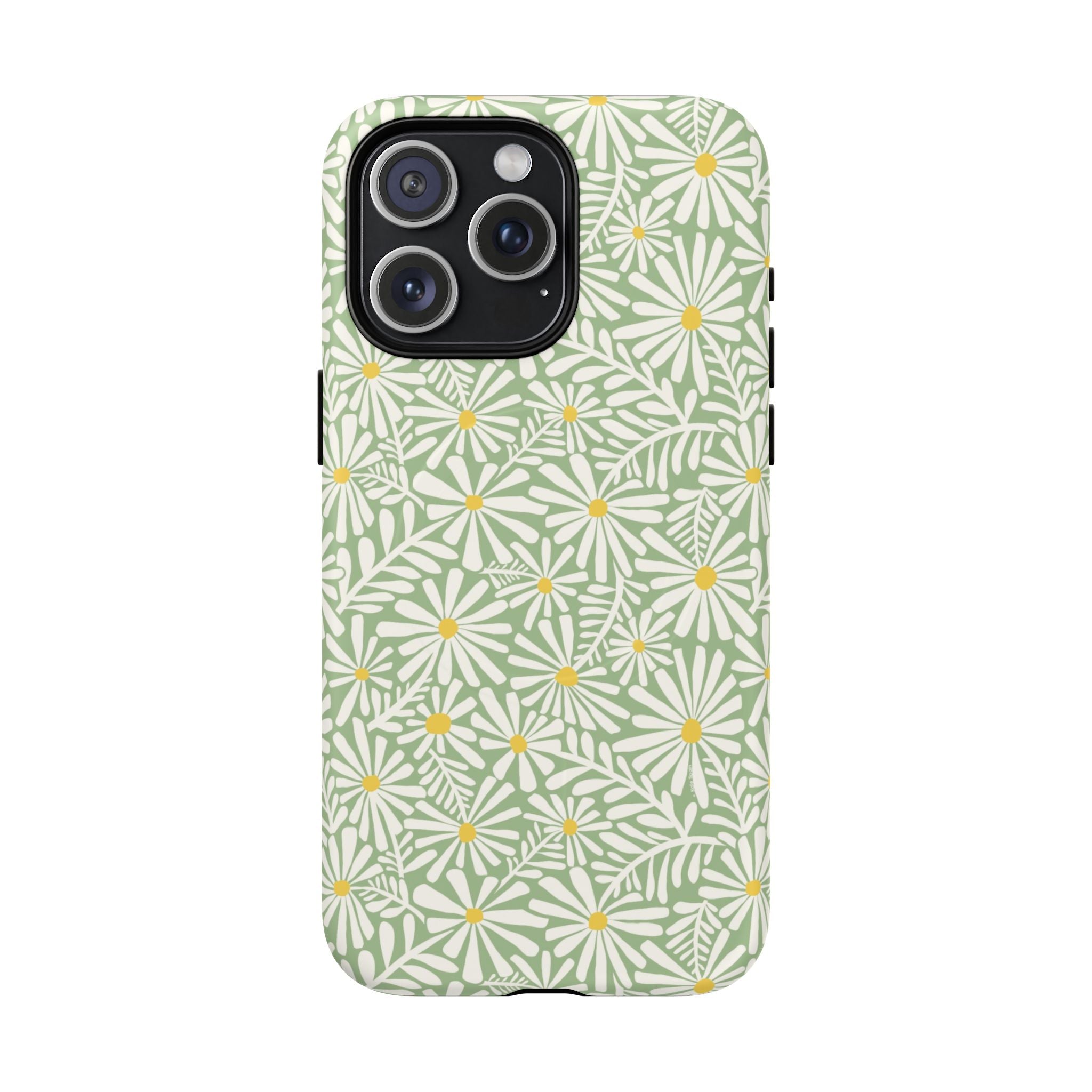 Montauk Daisy Meadow Green MagSafe iPhone 15 Pro Max Case – Matte | sage green, white graphic daisy and fern print, golden yellow centers MagSafe compatible, dual-layer protection