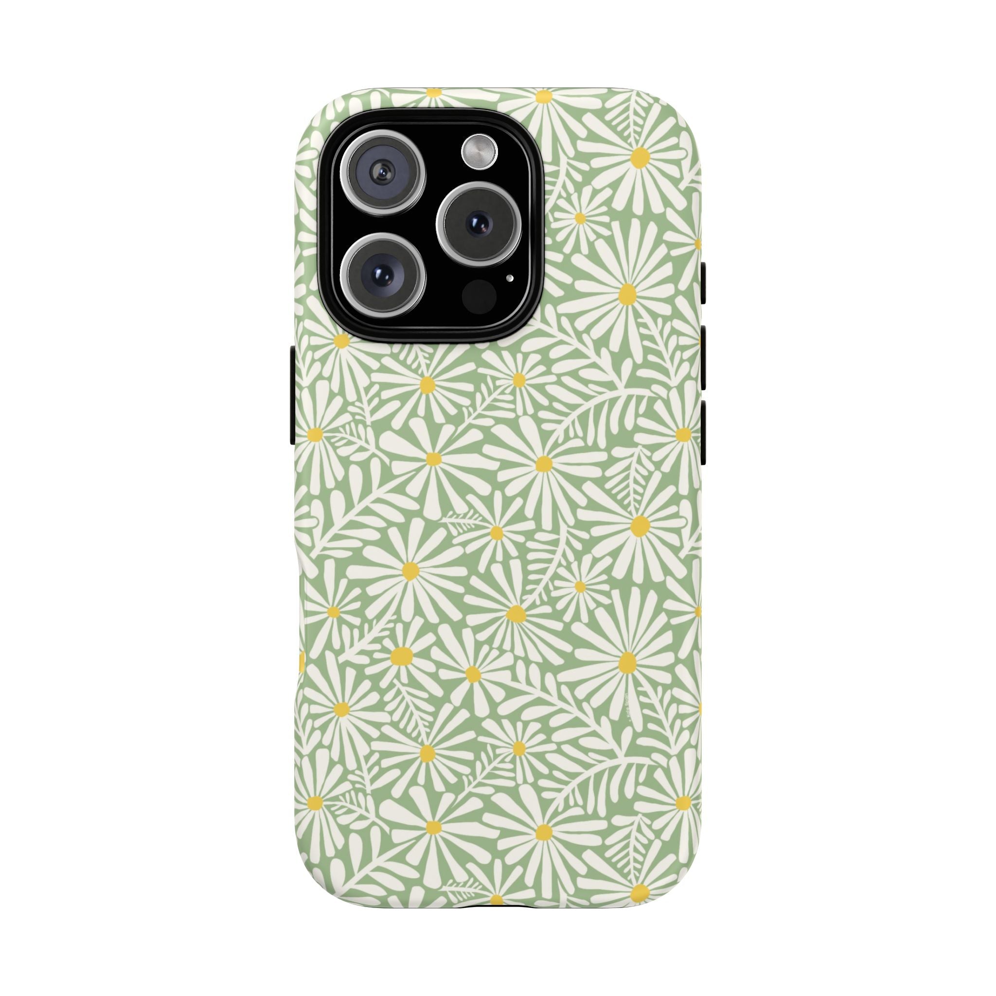 Montauk Daisy Meadow Green iPhone 16 Pro Case – Matte | sage green, white graphic daisy and fern print, golden yellow centers | dual-layer protection