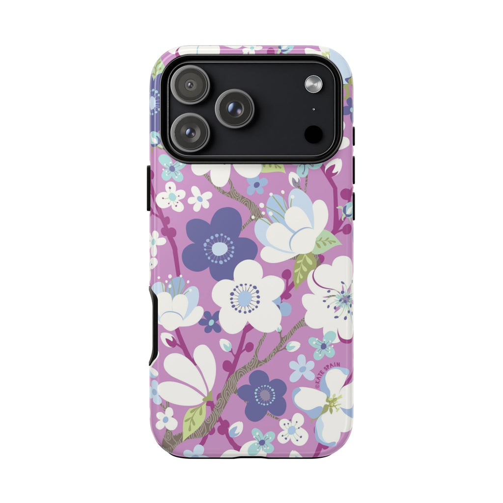 Purple Cherry Blossom Tough iPhone 17 Pro Case – Matte | mauve, purple, blue, white cherry blossom print