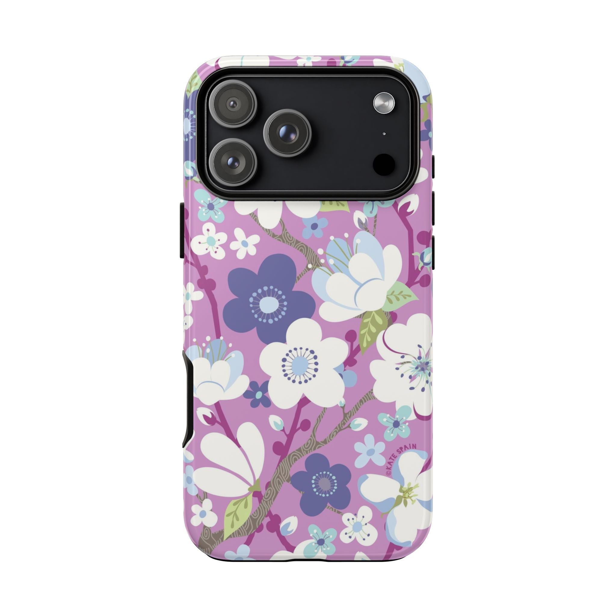 Luxury Cherry Blossom Tough iPhone 17 Pro Case – Matte | mauve, purple, blue, white cherry blossom print