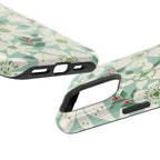 Gardenia MagSafe iPhone 16 Pro Max Case – Glossy angled view closeup of camera cutout and buttons | light blue, white, green, red gardenia botanical print MagSafe compatible, dual-layer protection