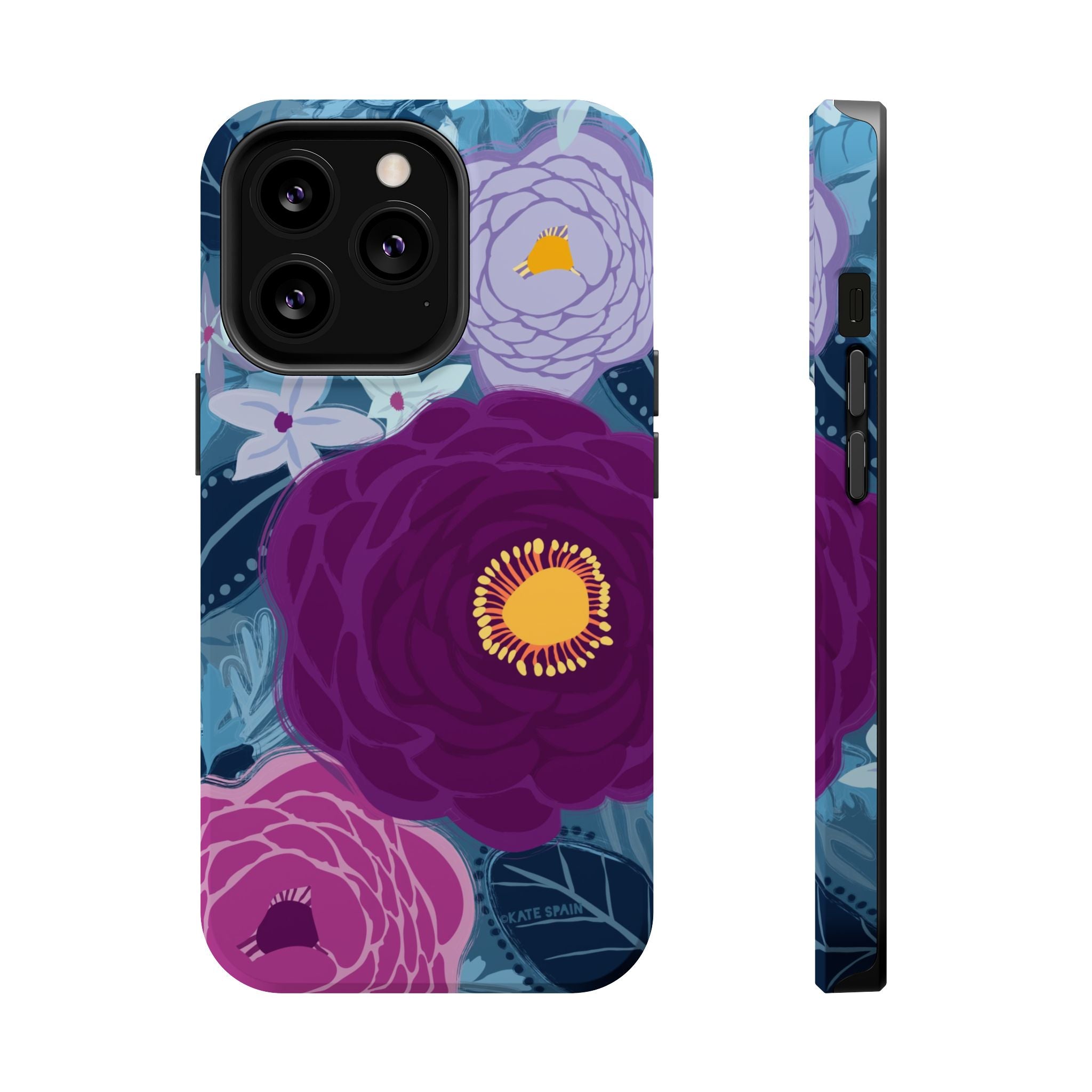BloBloomerie MagSafe iPhone 13 Pro Case – Matte | navy, purple, magenta botanical peony floral print