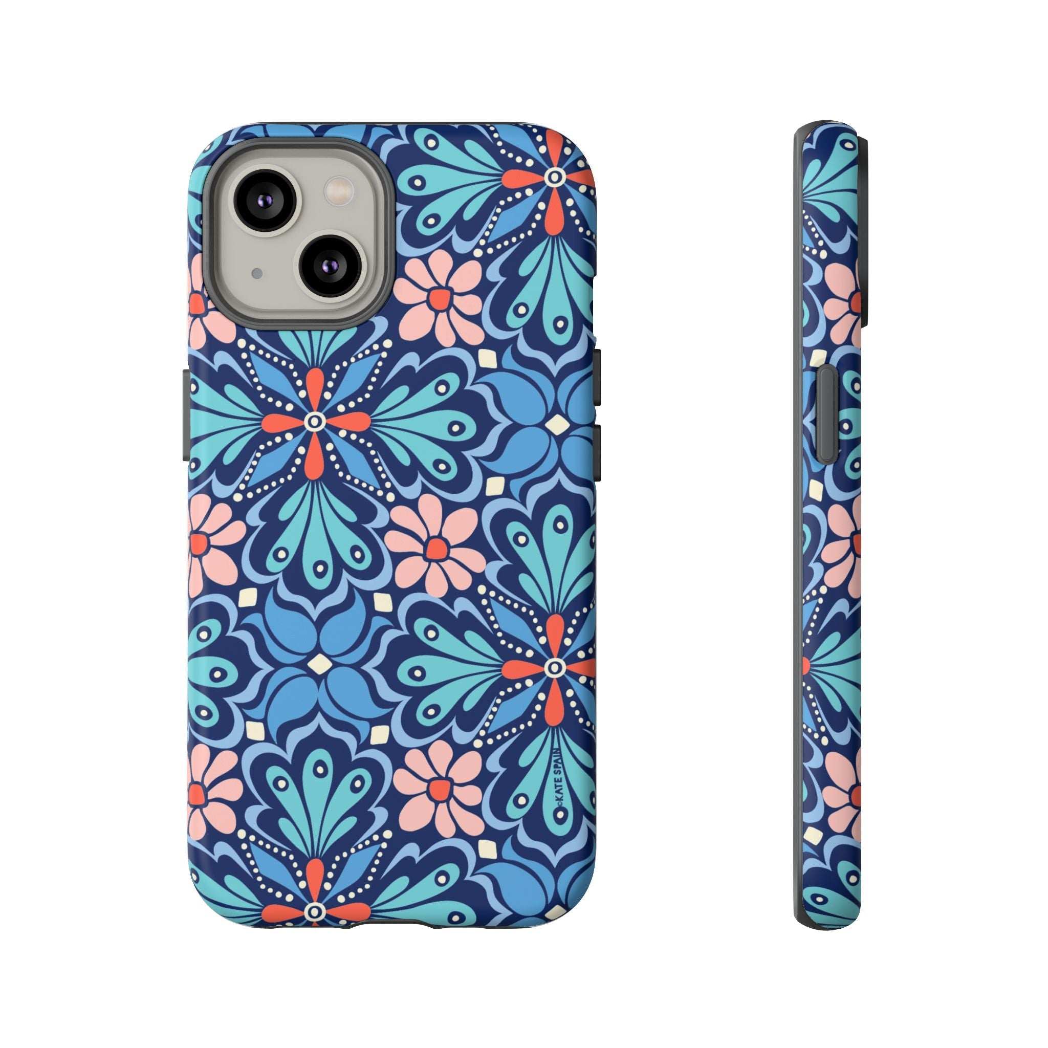 Bolero Tough iPhone 14 Case – Matte | navy, cobalt, blush geometric medallion floral print