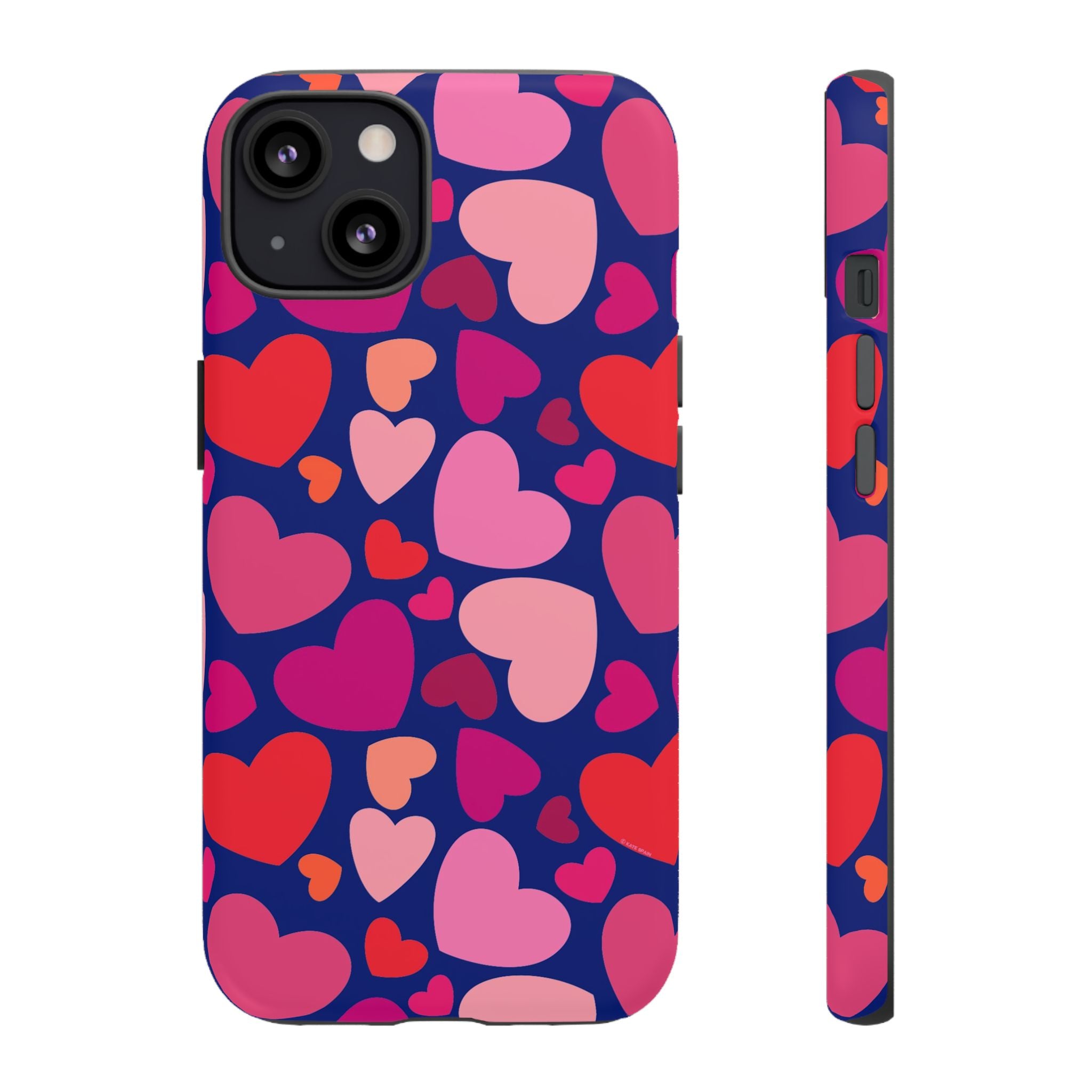 Hearts Tough iPhone 13 Case – Glossy | navy, pink, red, coral scattered heart print