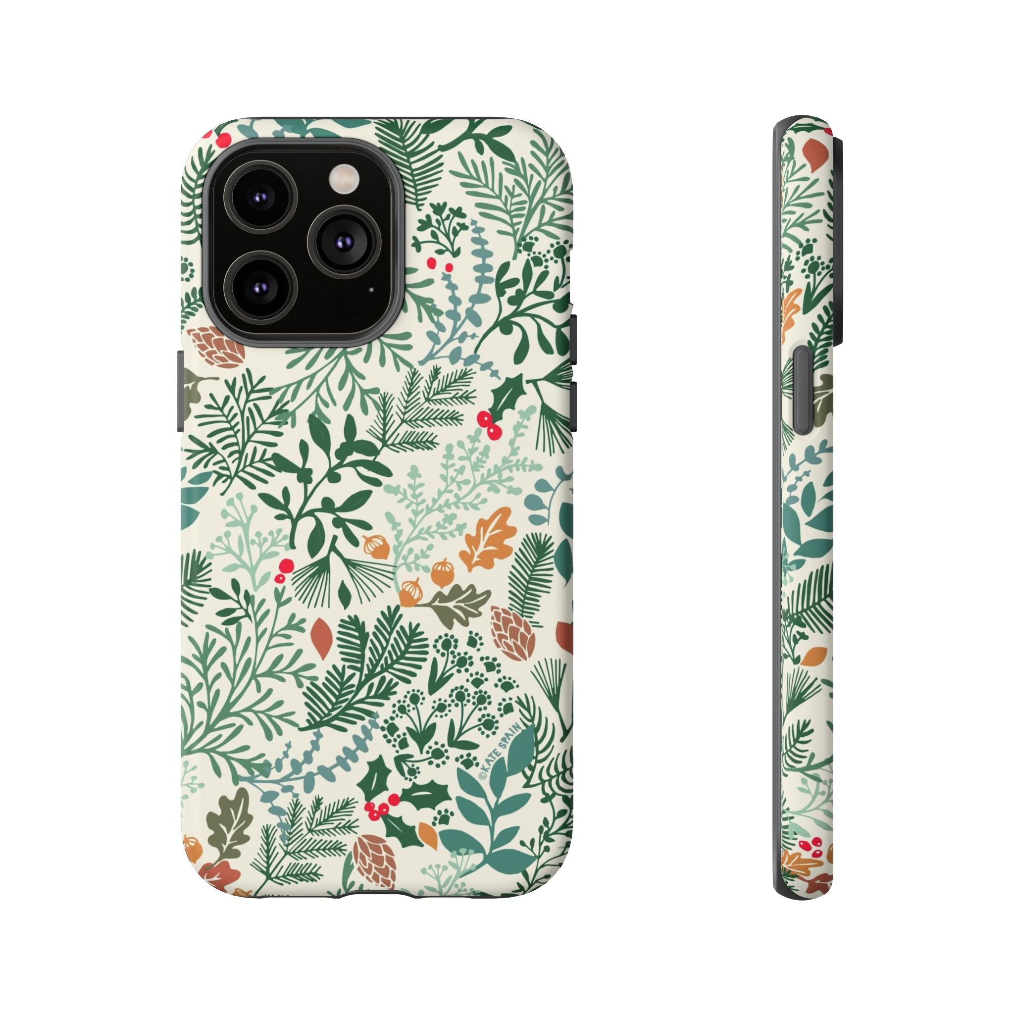 Juniper Tough iPhone 14 Pro Max Case – Matte | cream, green, red botanical woodland print