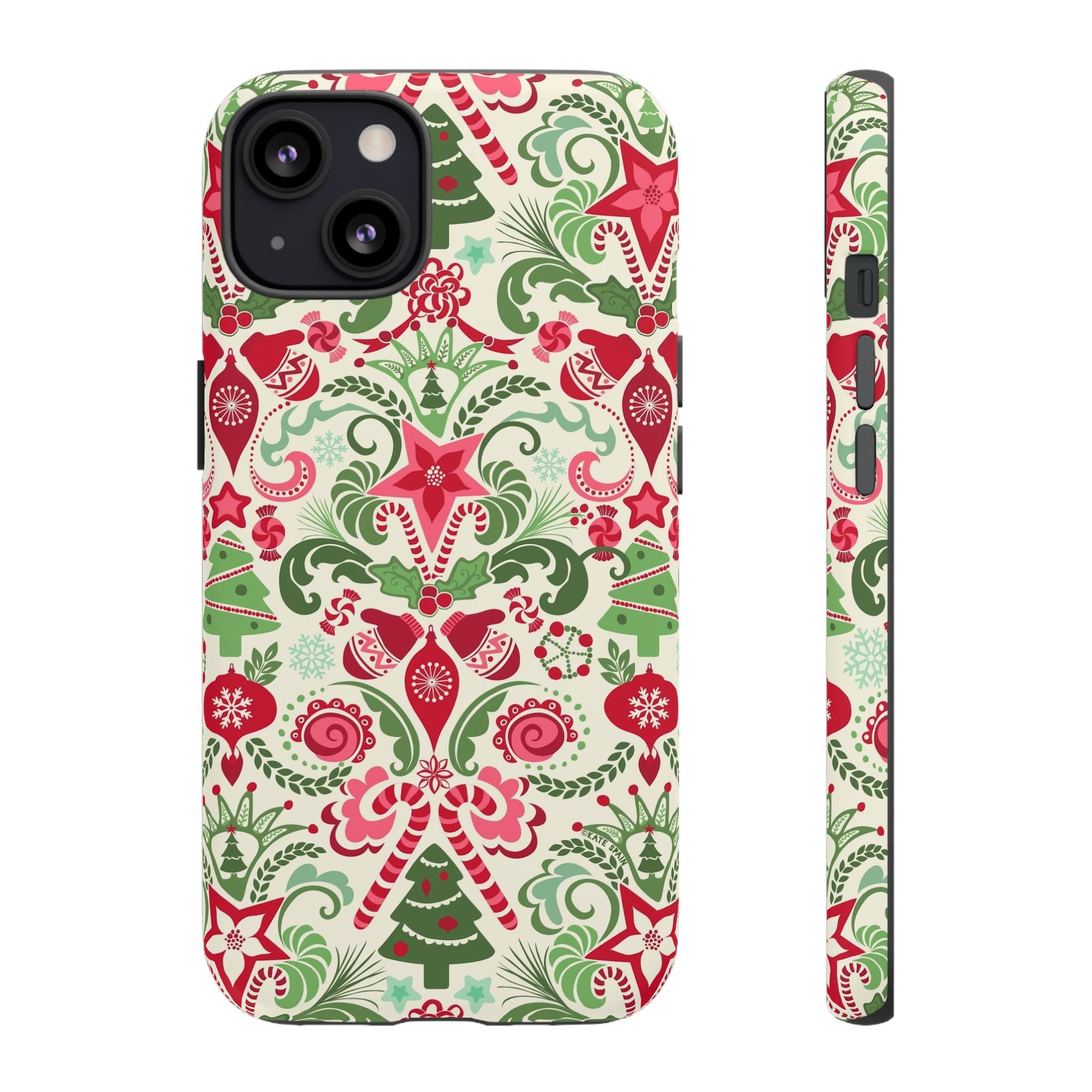 Wonderland Tough iPhone 13 Case – Glossy | cream, red, green Christmas ornament damask print