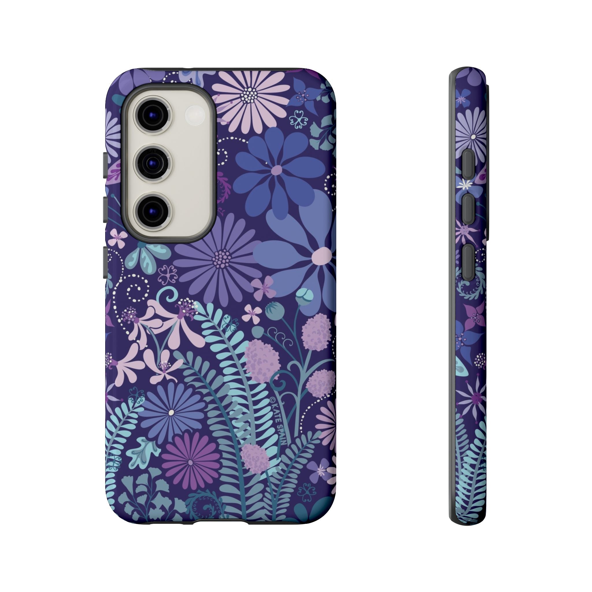 Luxury Terrain Samsung Galaxy S23 Case – Glossy | navy, purple, aqua botanical woodland floral print