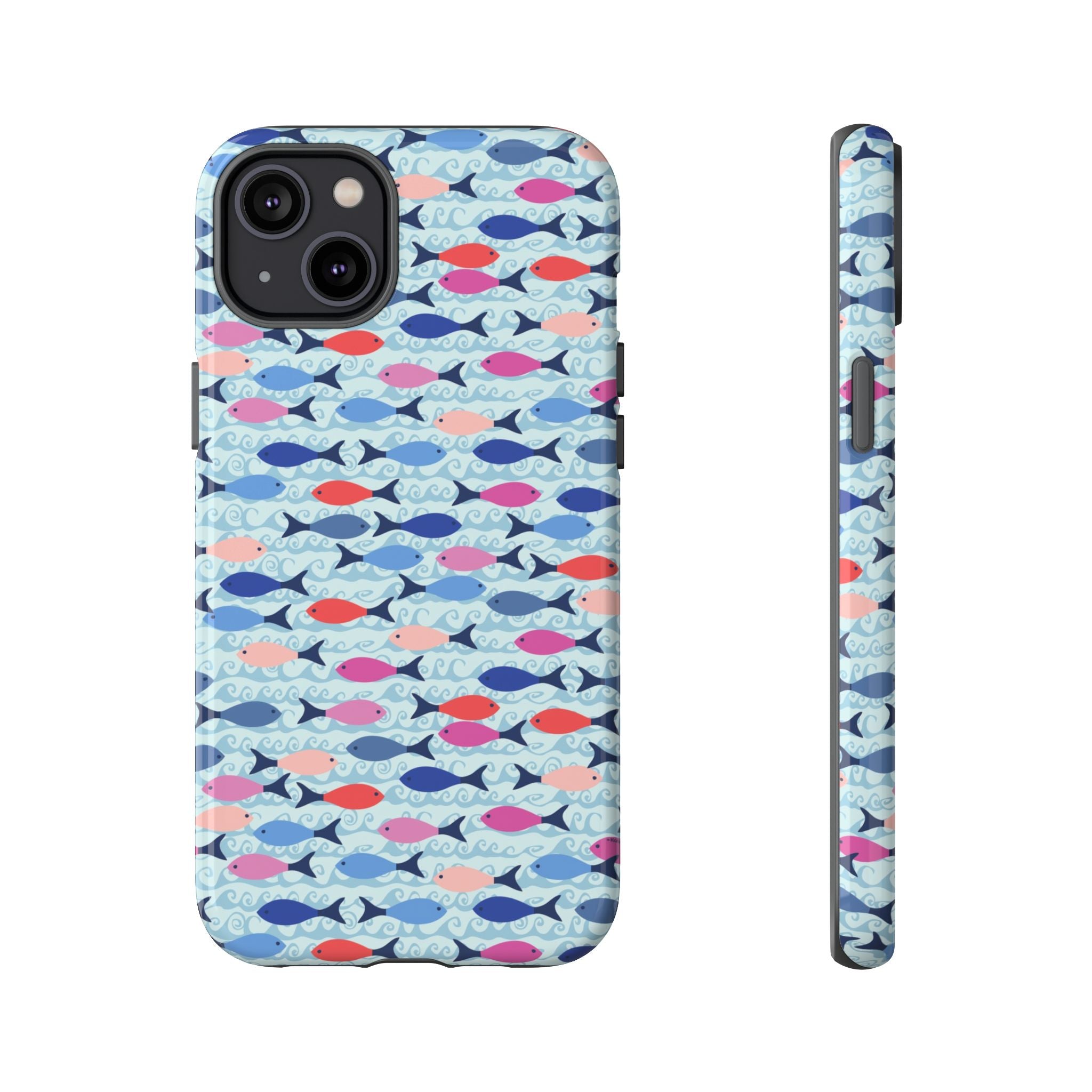 Summer Minnows Tough iPhone 14 Plus Case – Glossy | navy, coral, pink, and periwinkle fish on a pale aqua ground