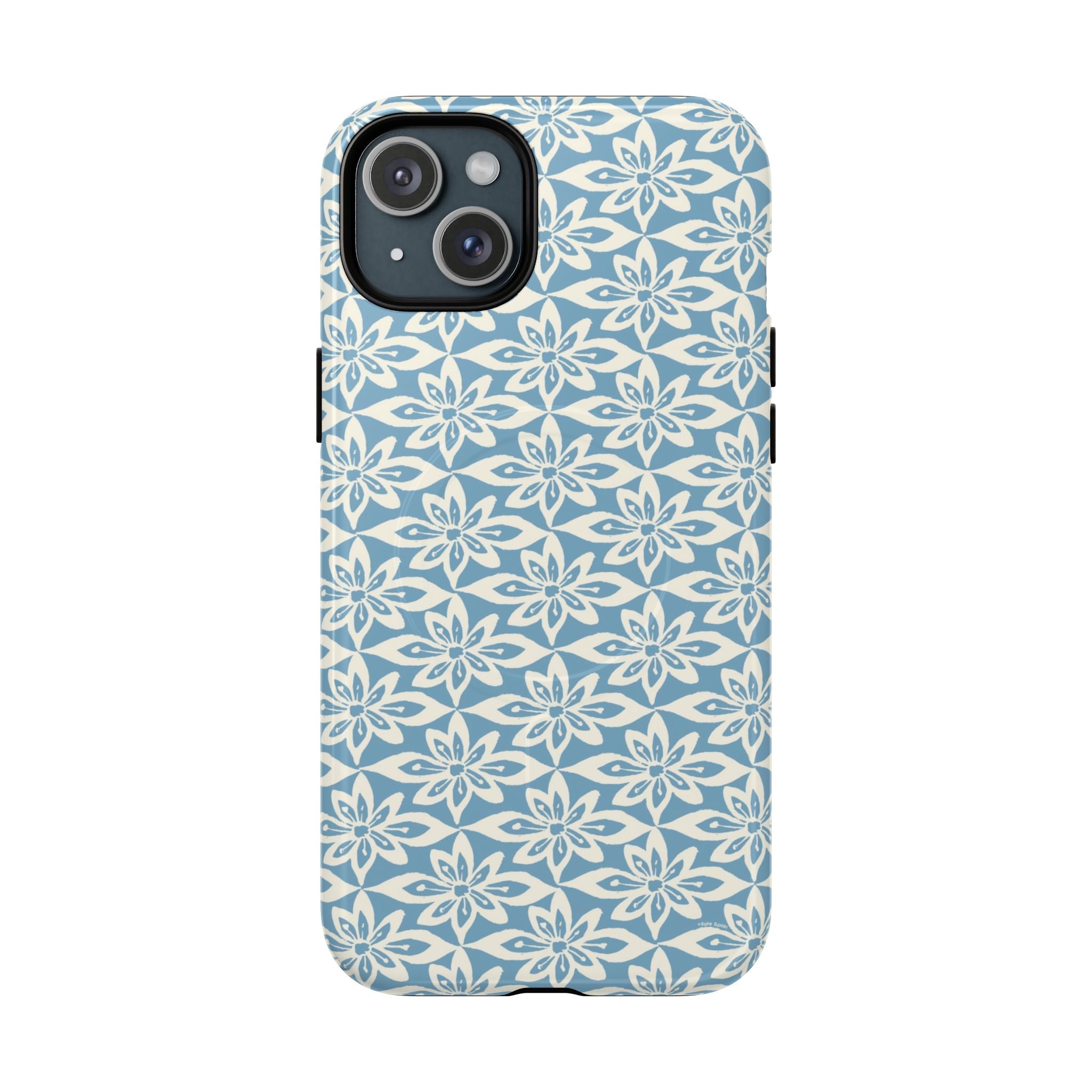 Lily Blue MagSafe iPhone 15 Plus Glossy case — geometric white lily print on dusty blue by Kate Spain