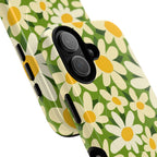 Shasta Daisy MagSafe iPhone 17 Case – Glossy | green, white, yellow daisy floral print | angled view closeup of camera cutout and buttons