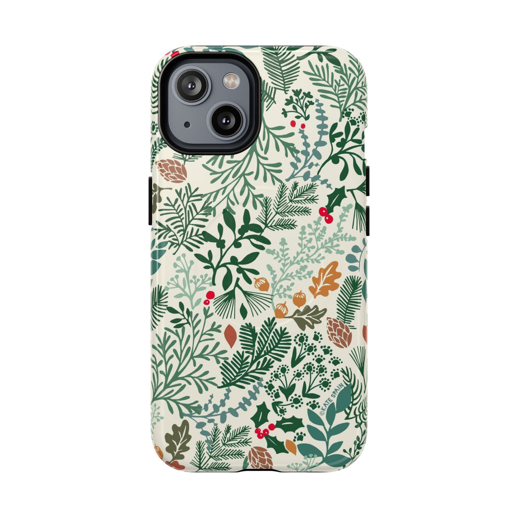 Juniper MagSafe iPhone 14 Case – Glossy | cream, forest green, sage, and rust winter botanical print with pine, holly, acorns, and pinecones