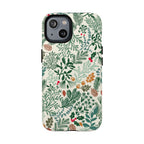 Juniper MagSafe iPhone 14 Case – Glossy | cream, forest green, sage, and rust winter botanical print with pine, holly, acorns, and pinecones