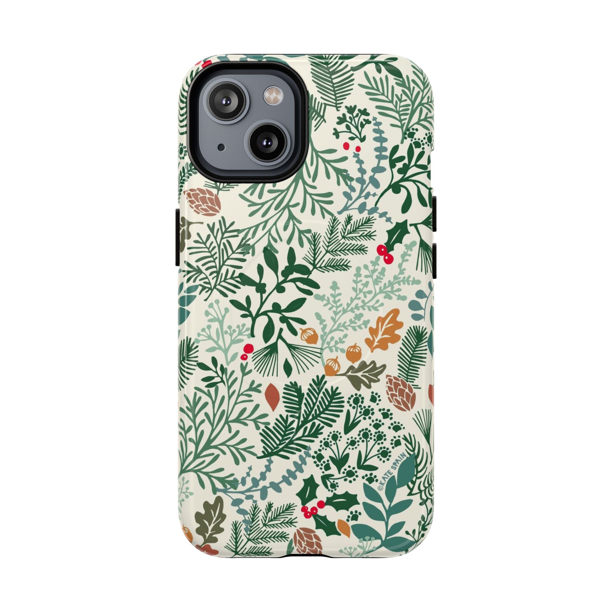 Juniper MagSafe iPhone 14 Case – Glossy | cream, forest green, sage, and rust winter botanical print with pine, holly, acorns, and pinecones