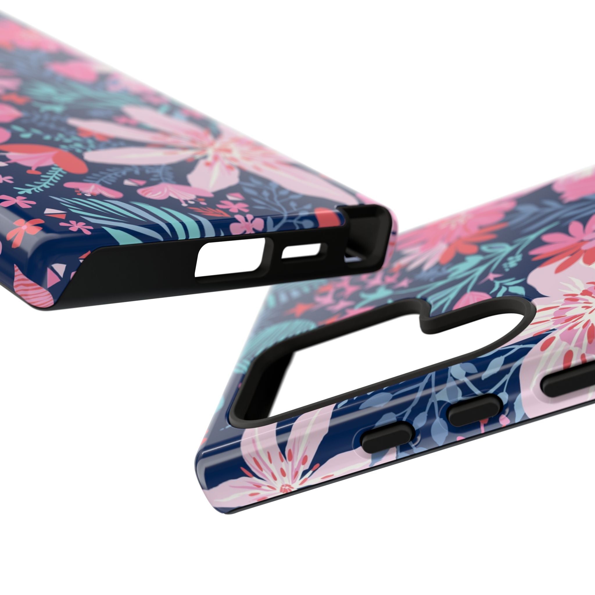 Tropical Bonaire Samsung Galaxy S24 Ultra Case – Glossy | close-up of sides, buttons, and ports of protective case in navy, pink, white tropical floral botanical print
