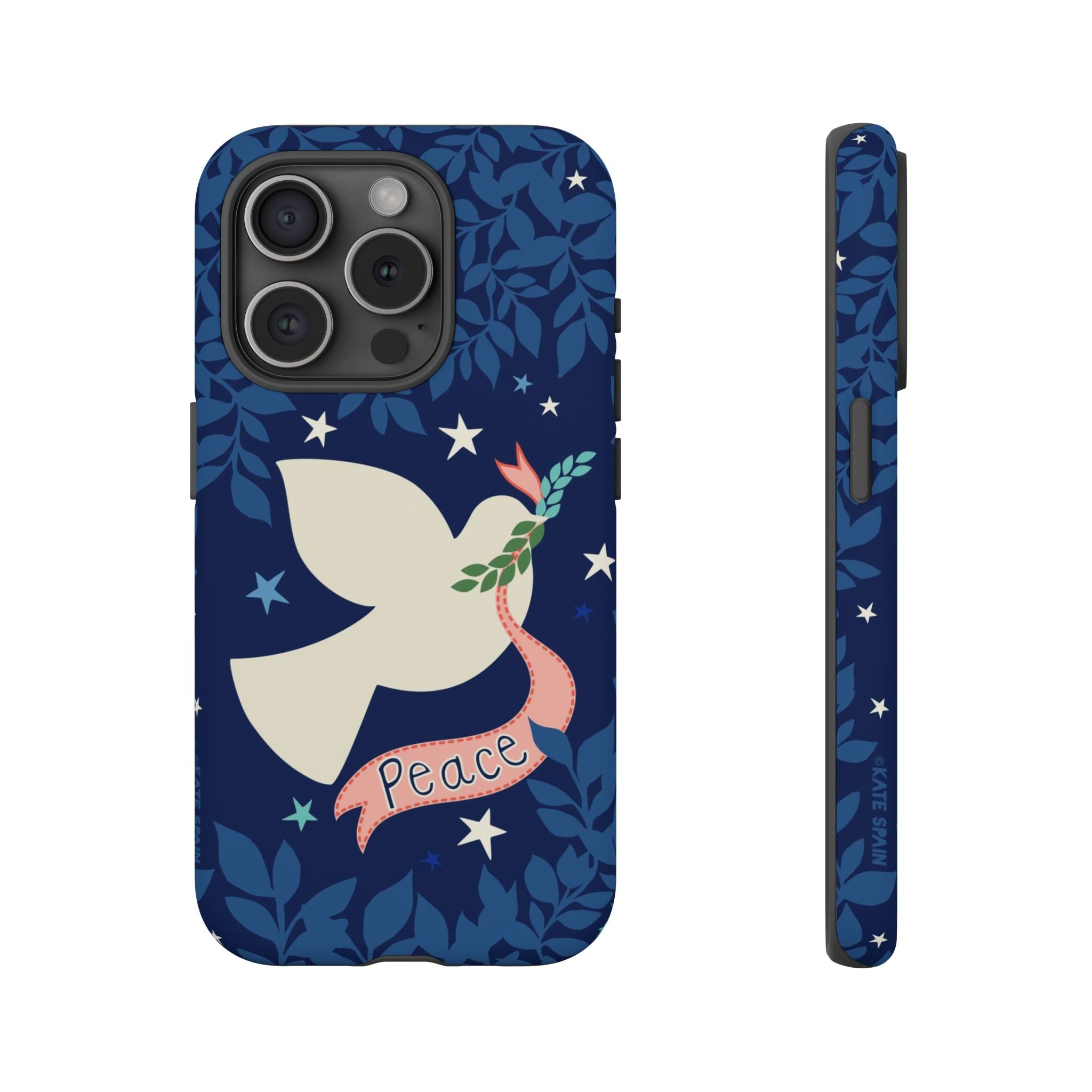 Peace Tough iPhone 15 Pro Case – Matte | navy, cream peace dove, stars, botanical print