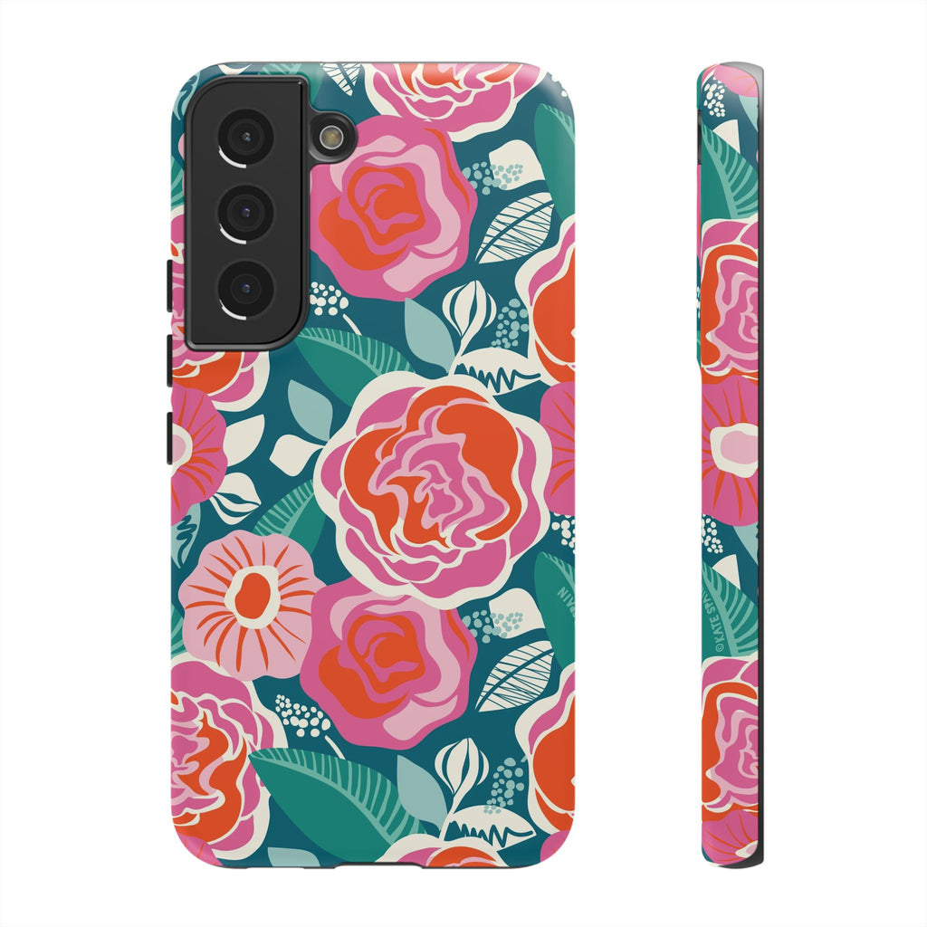 Luxury Tea Rose Teal Samsung Galaxy S22 Case – Matte | teal, coral, pink botanical rose floral print